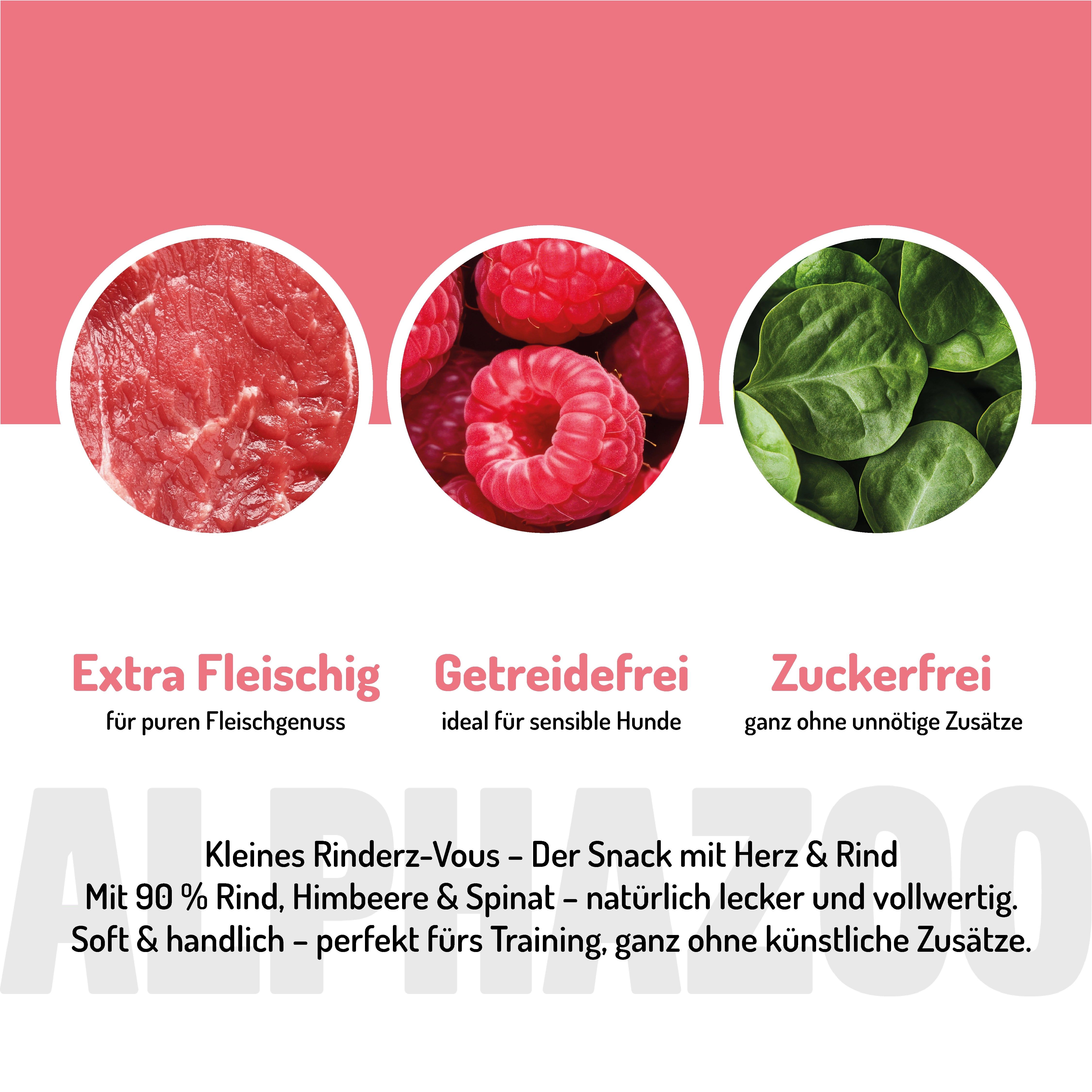 Nahaufnahme von rohem Fleisch, Himbeeren und Spinat. Text: Extra fleischig, getreidefrei, zuckerfrei. Produktname und Beschreibung.
