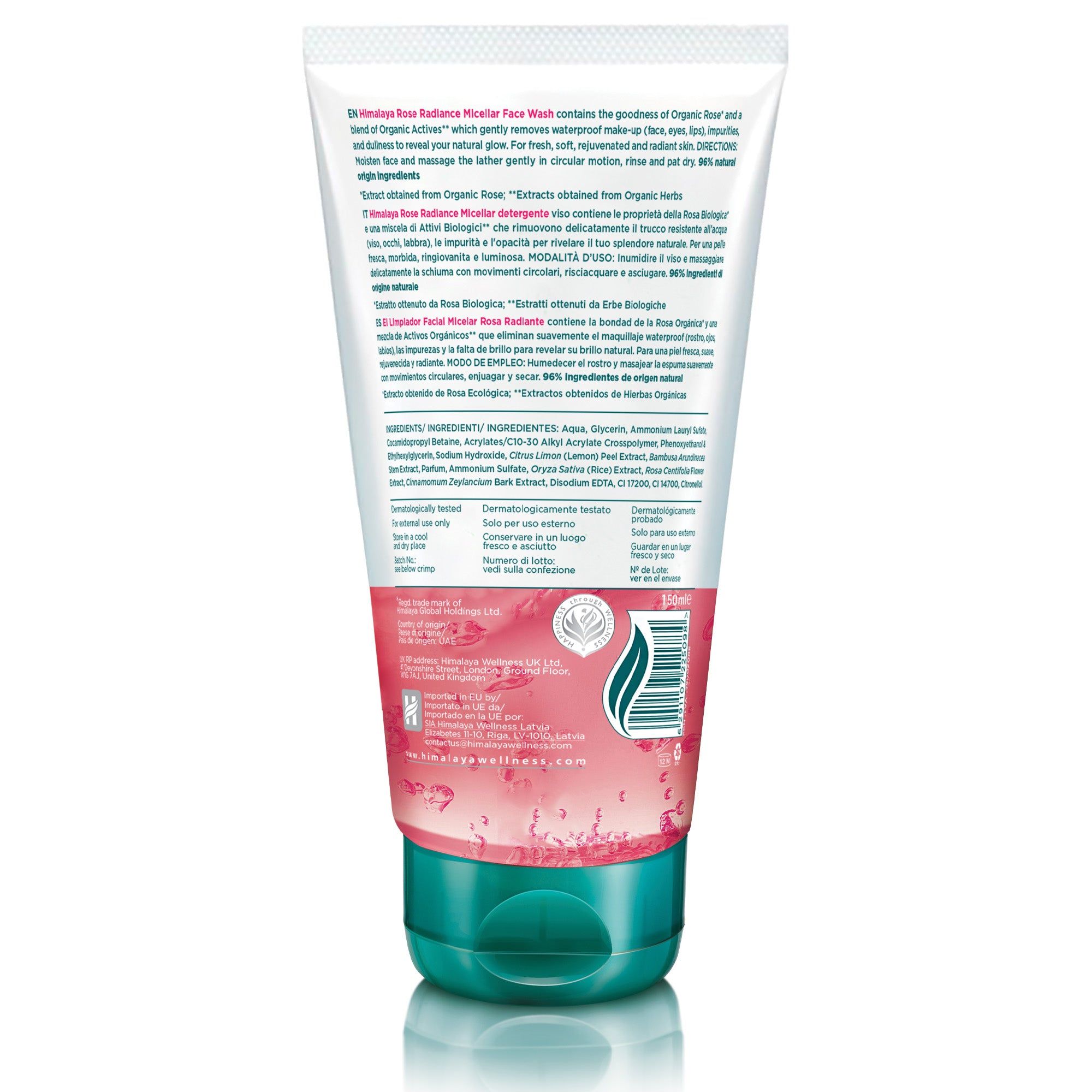 Himalaya Rose Radiance Micellar Face Wash Tube mit detaillierten Produktinformationen und Inhaltsstoffen.