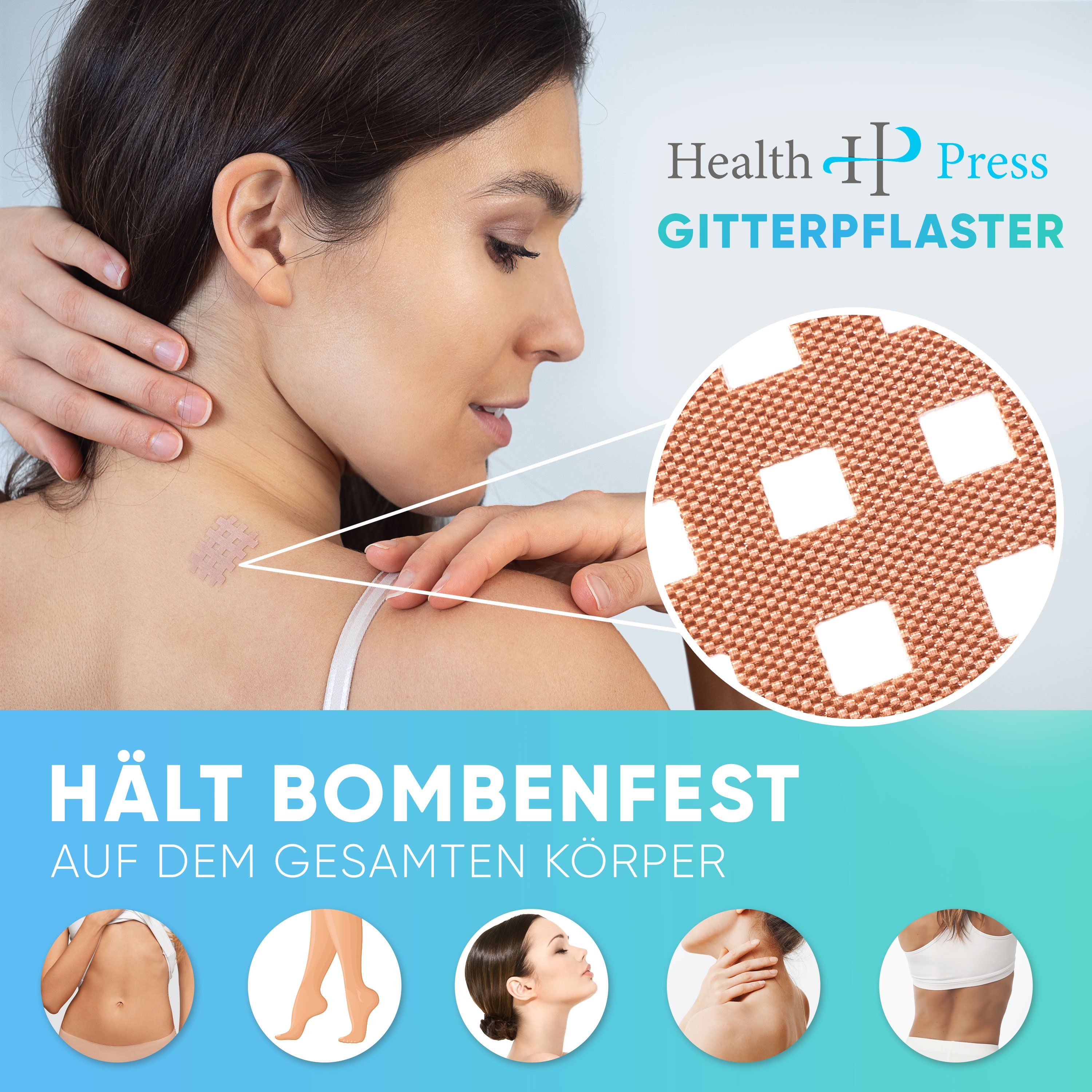 Person mit Gitterpflaster am Hals. Nahaufnahme des Pflasters. Text: Hält bombenfest auf dem gesamten Körper. Logos: Bauch, Beine, Kopf, Rücken.