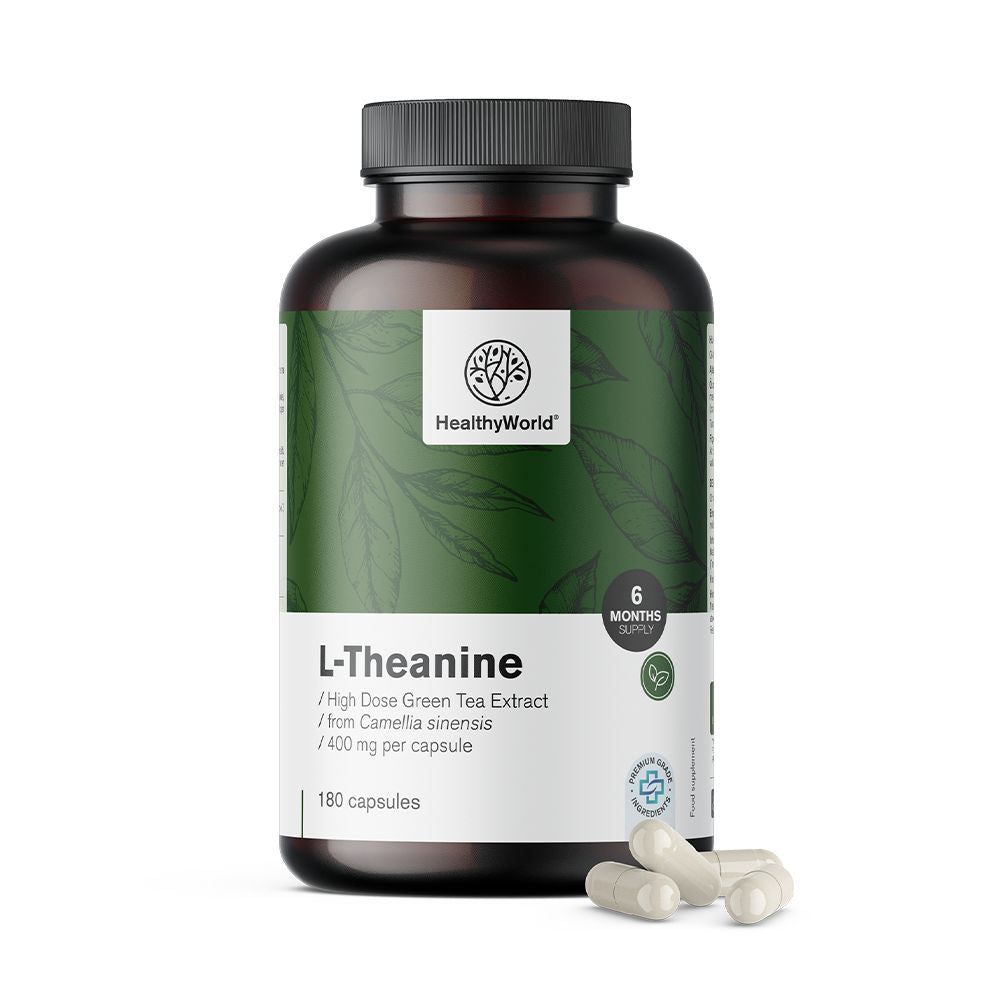 Braune Flasche mit L-Theanin Kapseln. Aufschrift: HealthyWorld, L-Theanin, 400 mg, 180 Kapseln. Einige Kapseln liegen daneben.