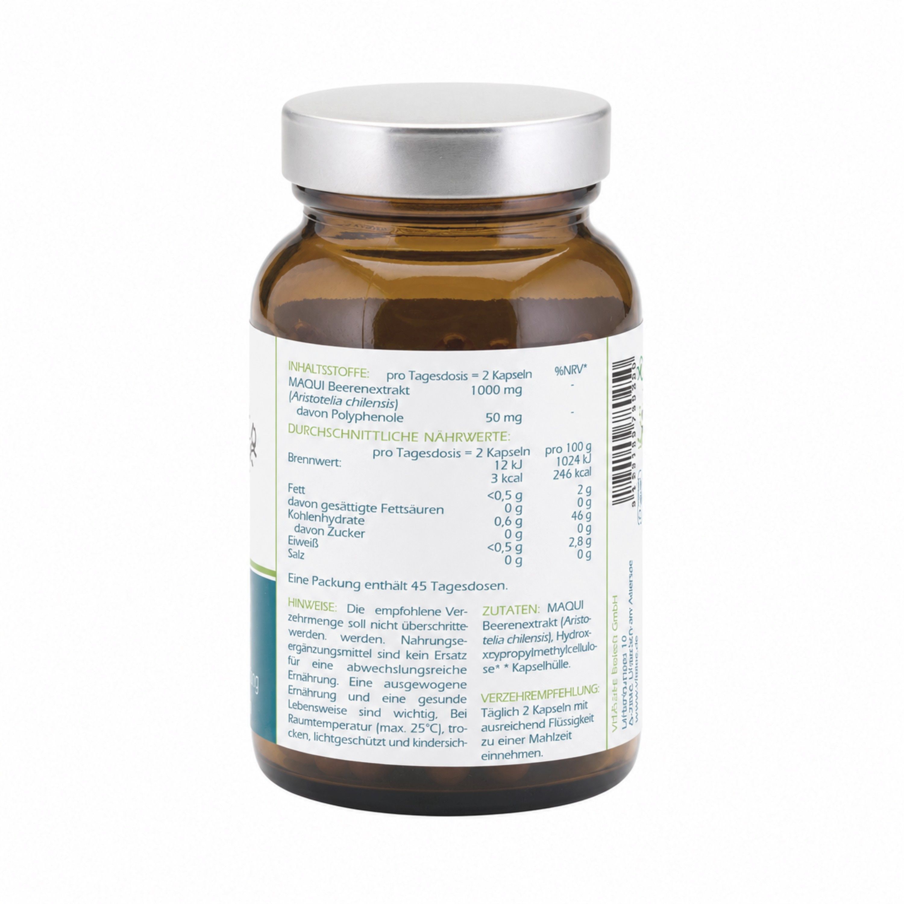 Braune Glasflasche mit Kapseln. Rückseite mit Nährwertangaben und Zutaten. Text: MAQUI Beerenextrakt, 1000 mg.