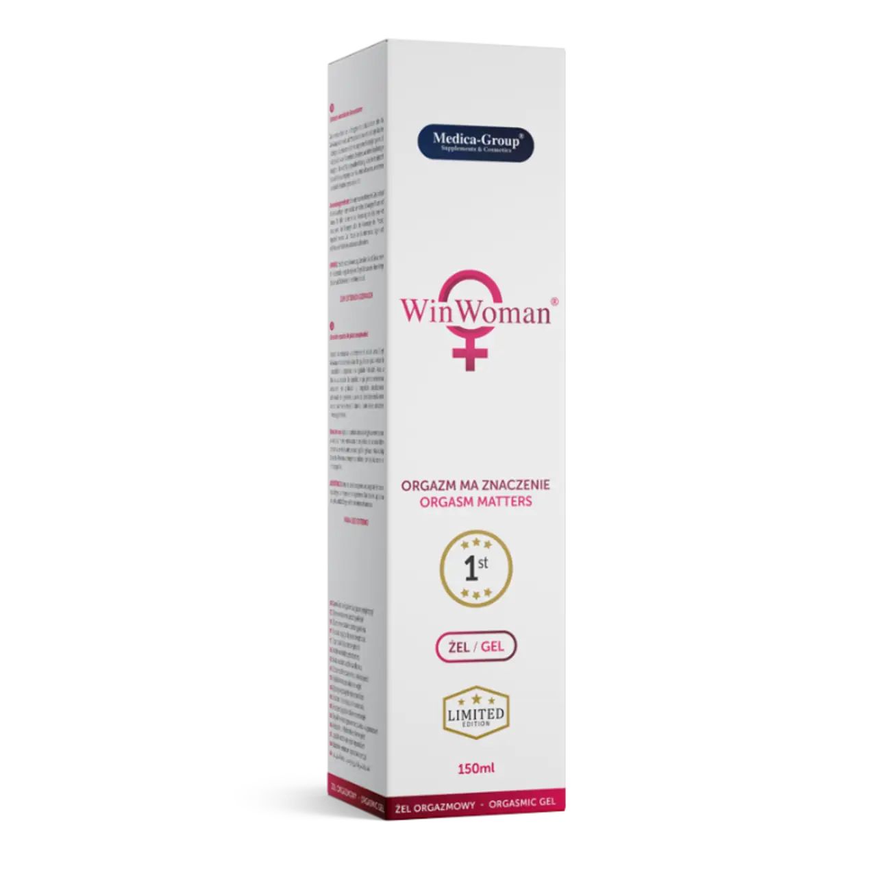 WinWoman Gel-Verpackung. Weißer Karton mit Logo, Schriftzug und Auszeichnungen. Text in mehreren Sprachen.