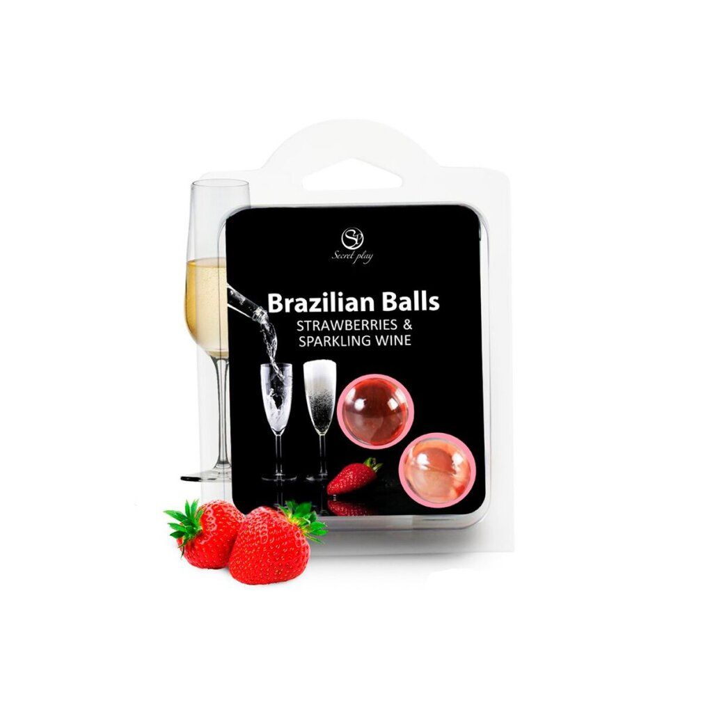 Secret Play Brazilian Balls Erdbeeren & Sekt, drei Kugeln in Blisterverpackung, mit Erdbeeren und Sektgläsern.