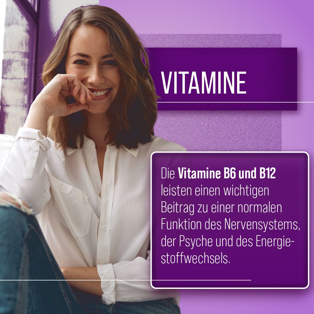 Frau lächelt. Text: Vitamine. Text beschreibt die Rolle von Vitamin B6 und B12 für das Nervensystem und die Psyche.