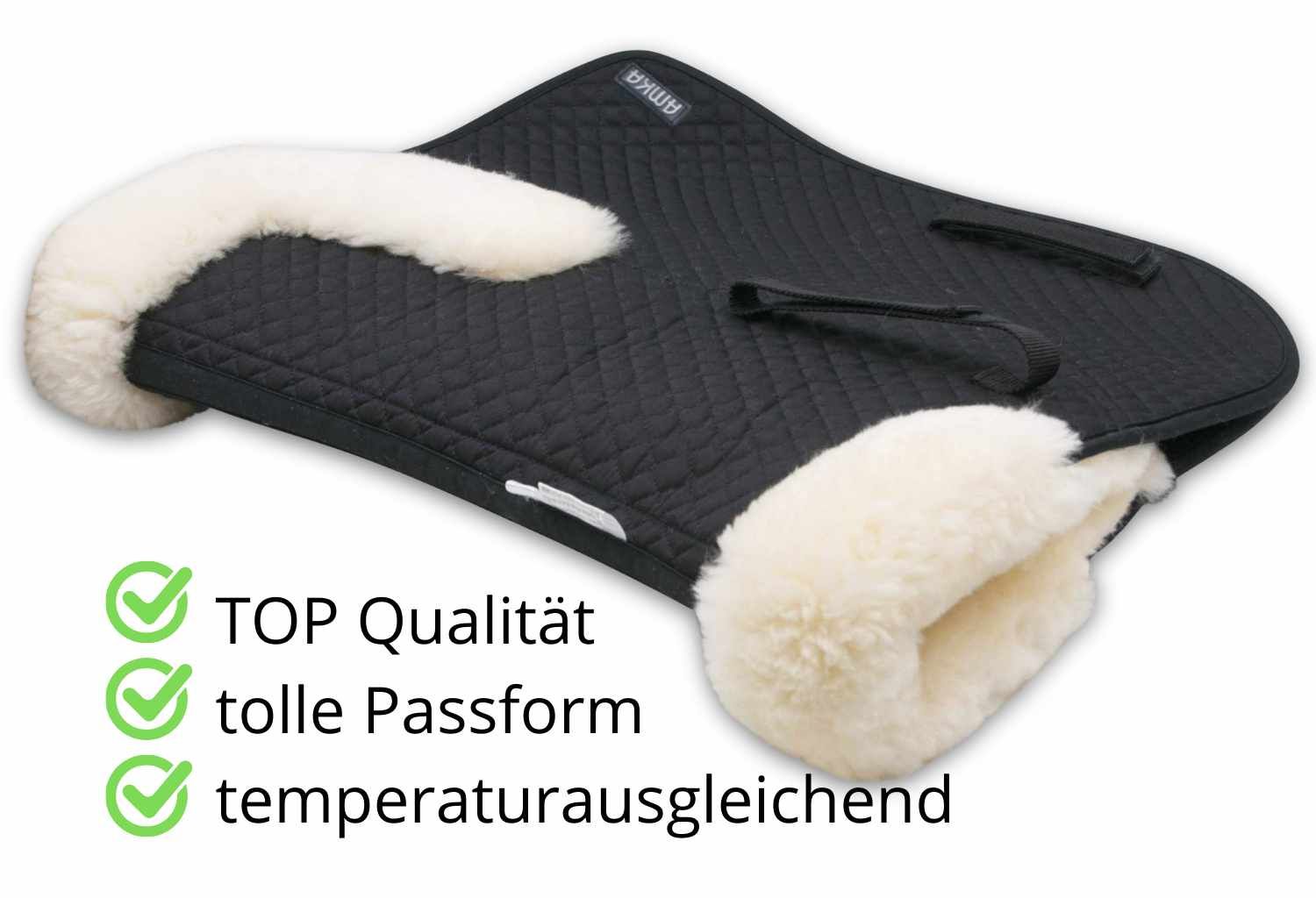 Sattelkissen mit Lammfell und Text: TOP Qualität, tolle Passform, temperaturausgleichend.