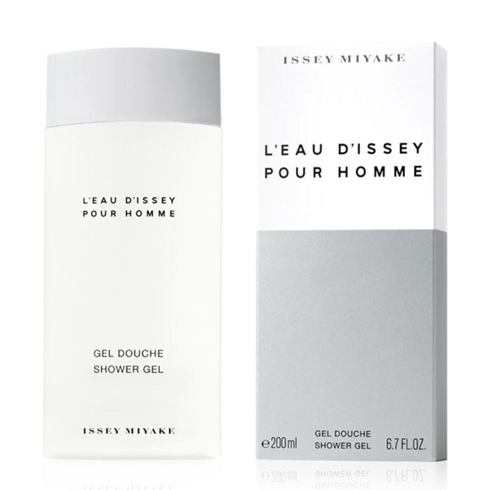 Issey Miyake Duschgel-Flakon und -Verpackung. Weißes Flakon mit weißem Deckel. Text: L'EAU D'ISSEY POUR HOMME, GEL DOUCHE SHOWER GEL. Verpackung mit Text.