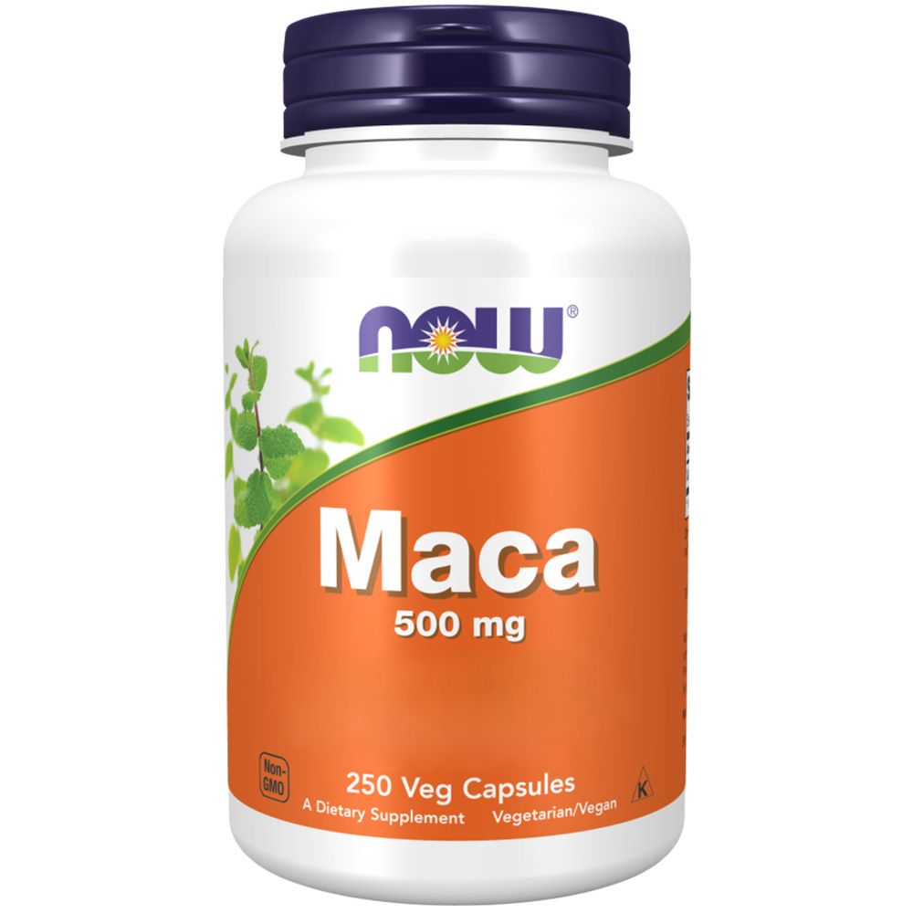 Weiße Flasche mit blauem Deckel. Aufschrift: NOW, Maca 500 mg, 250 Veg. Kapseln. Orangefarbener Streifen mit grünen Blättern.