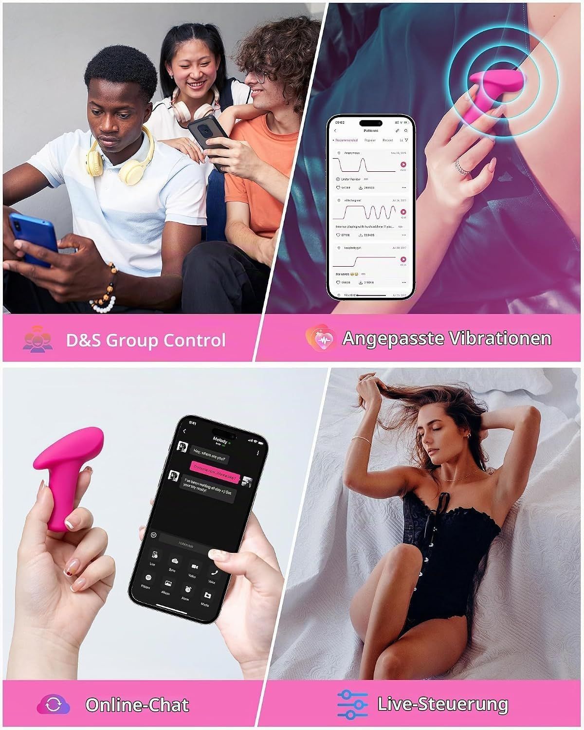 Eine Collage zeigt Gruppenkontrolle, angepasste Vibrationen, Online-Chat und Live-Steuerung mit einem Vibrator.
