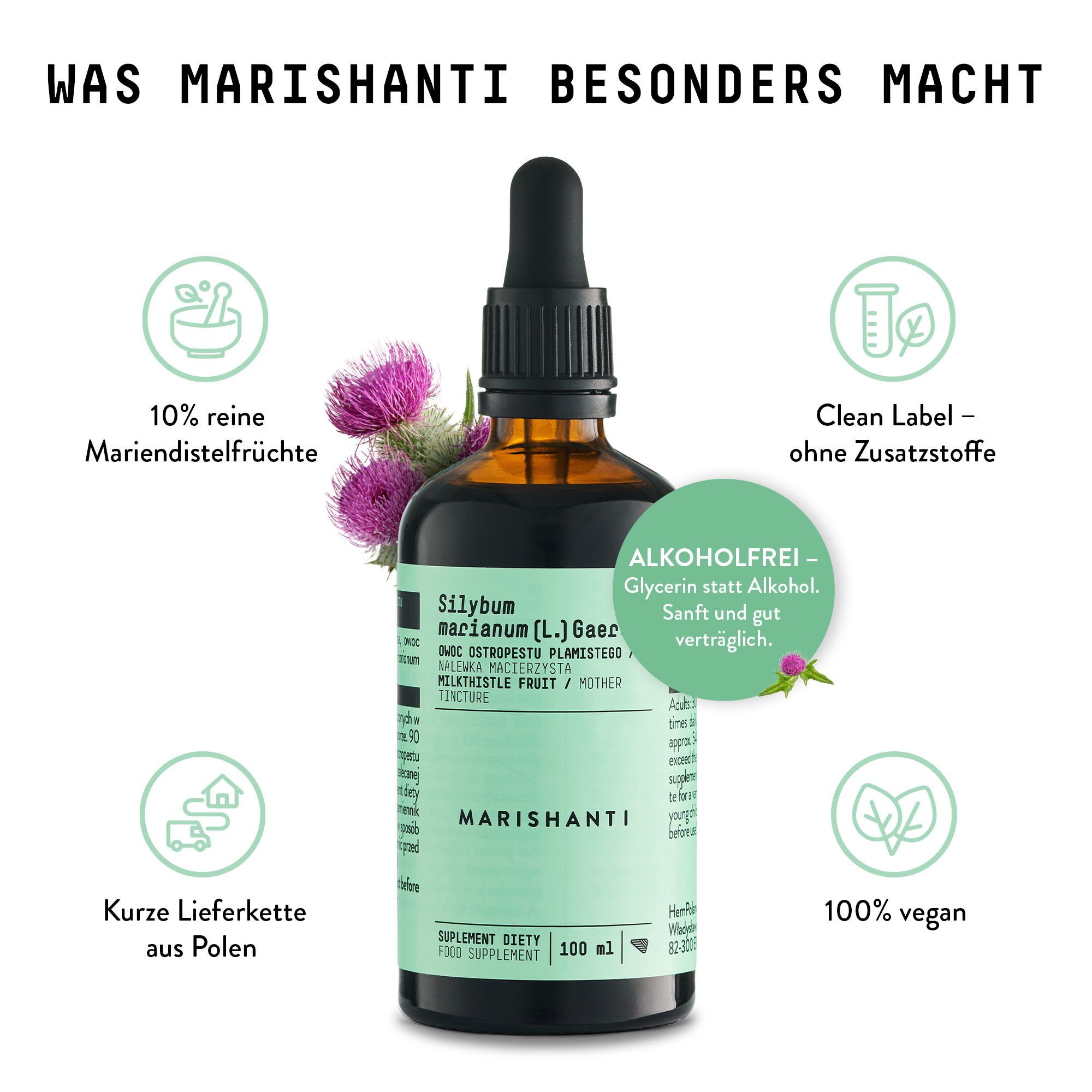 Braune Glasflasche mit Tropfer. Text: Was Mariendistel besonders macht. Ohne Alkohol, 100% vegan, reine Mariendistelfrüchte.