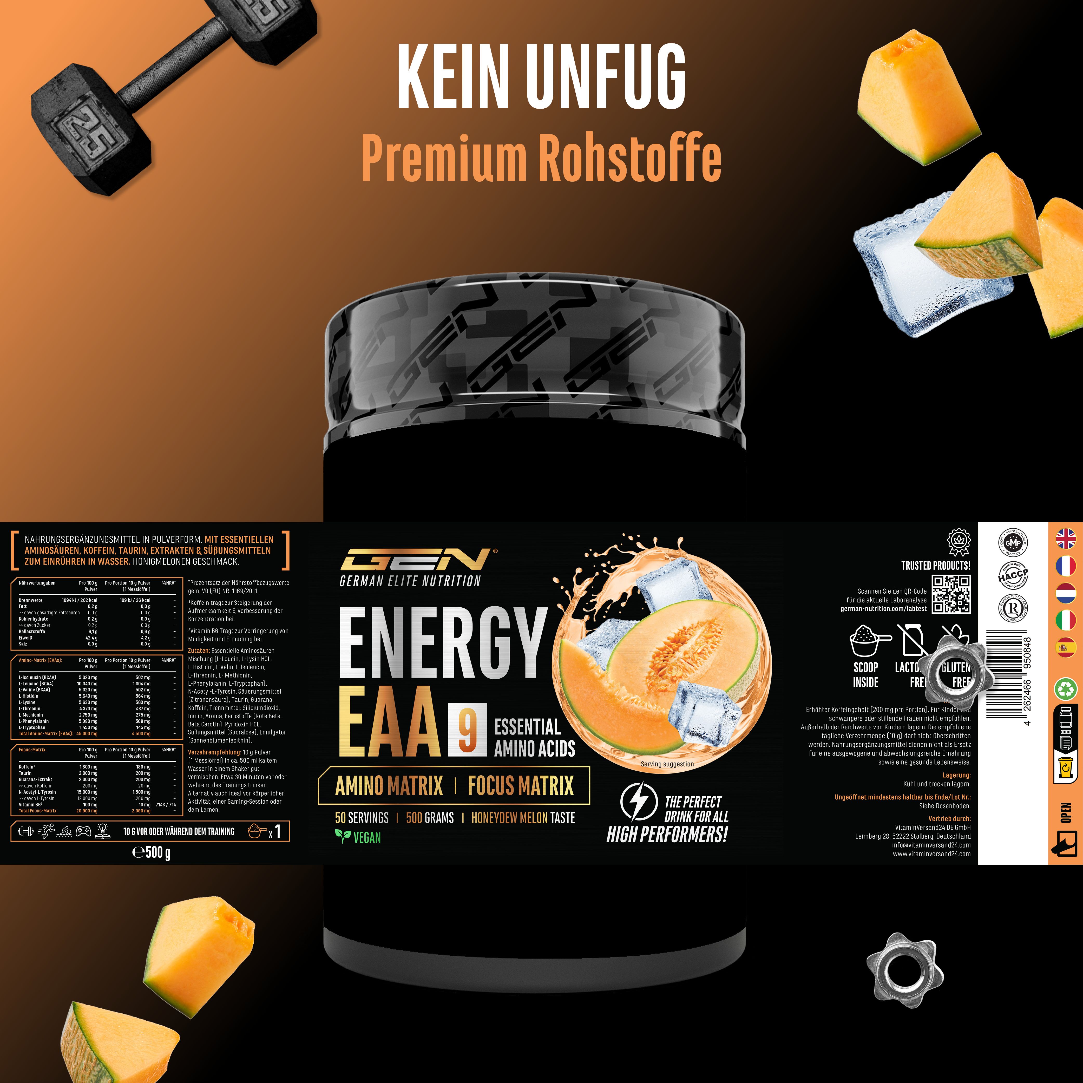 Produktverpackung von Energy EAA. Schwarze Dose mit Etikett. Enthält Informationen zu Inhaltsstoffen und Zertifizierungen.