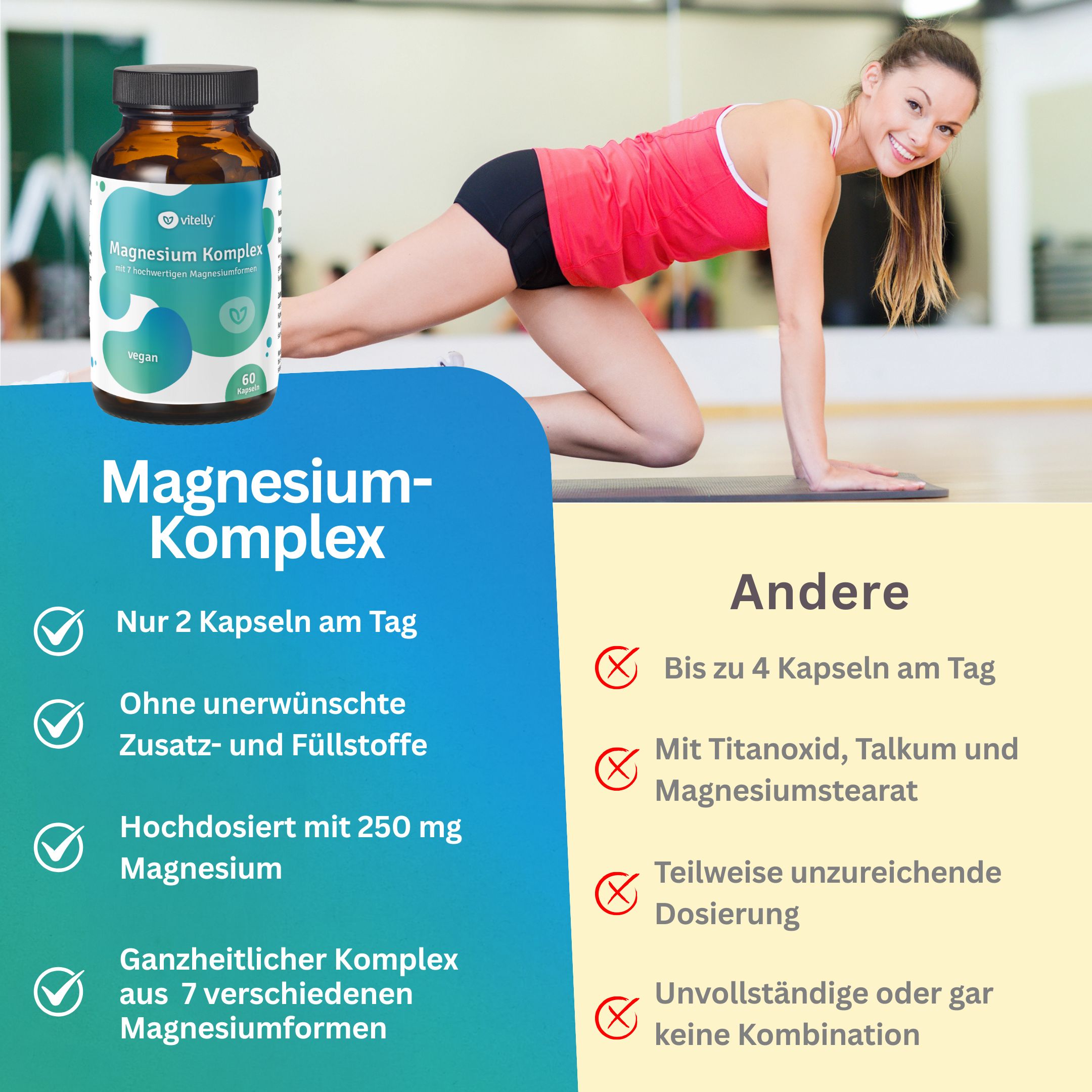 Frau beim Training neben Produktflasche. Aufschrift: Magnesium Komplex, vegan, 60 Kapseln. Vorteile und Nachteile.
