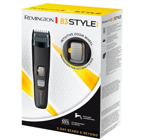 Bartschneider in Verpackung. Schwarzer Trimmer mit gelber Verpackung. Text: Remington B3 Style, Zoom Wheel, 3 Day Beard & Beyond.