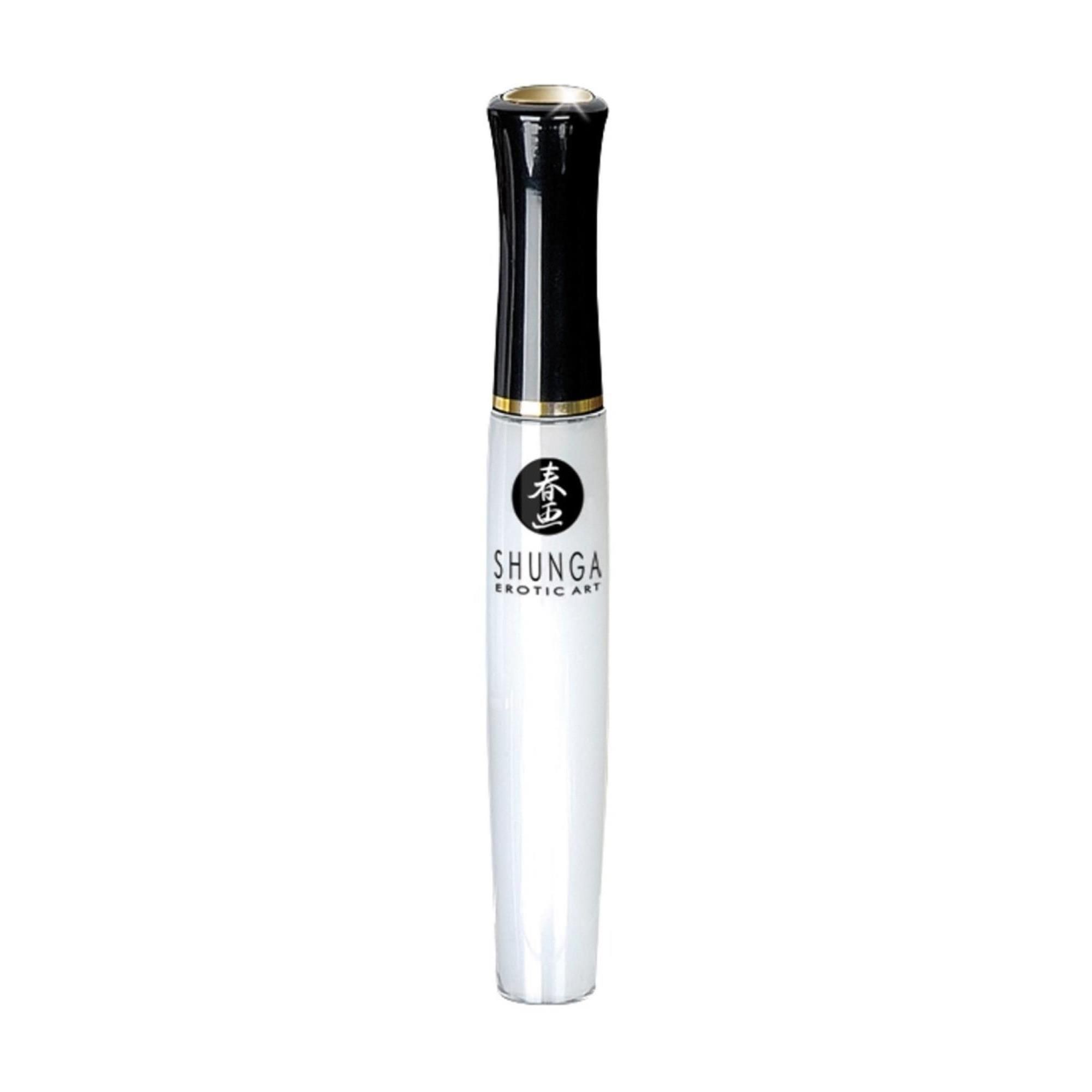 Shunga Erotic Art Lipgloss Flasche mit schwarzem und goldenem Applikator.