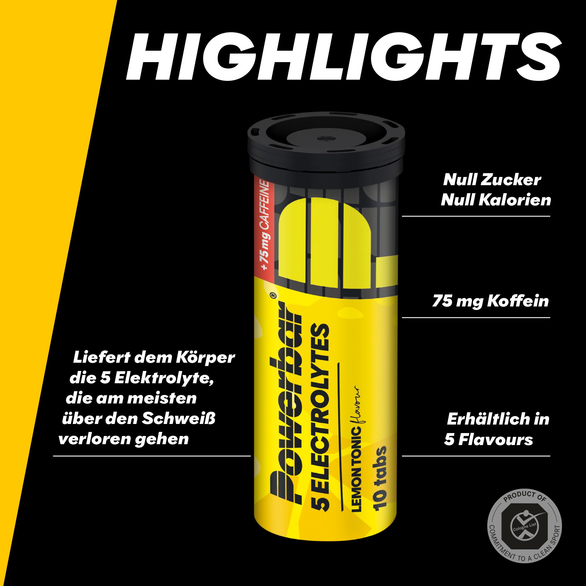 Gelbe zylindrische Dose mit schwarzem Deckel. Aufschrift: Powerbar 5 Electrolytes Lemon Tonic, 10 Tabs. Enthält 75mg Koffein. Text über Vorteile.