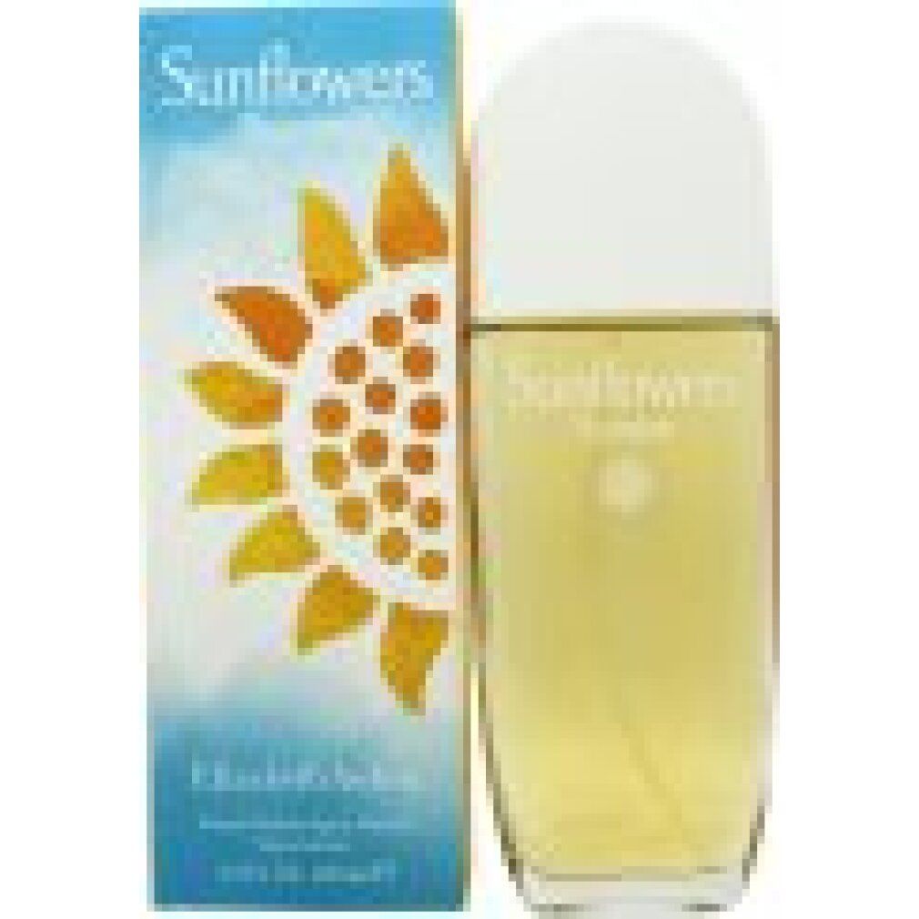 Flakon und Schachtel Elizabeth Arden Sunflower Sunrise. Flakon mit weißem Deckel, gelber Flüssigkeit. Schachtel mit Sonnenblumenmotiv.