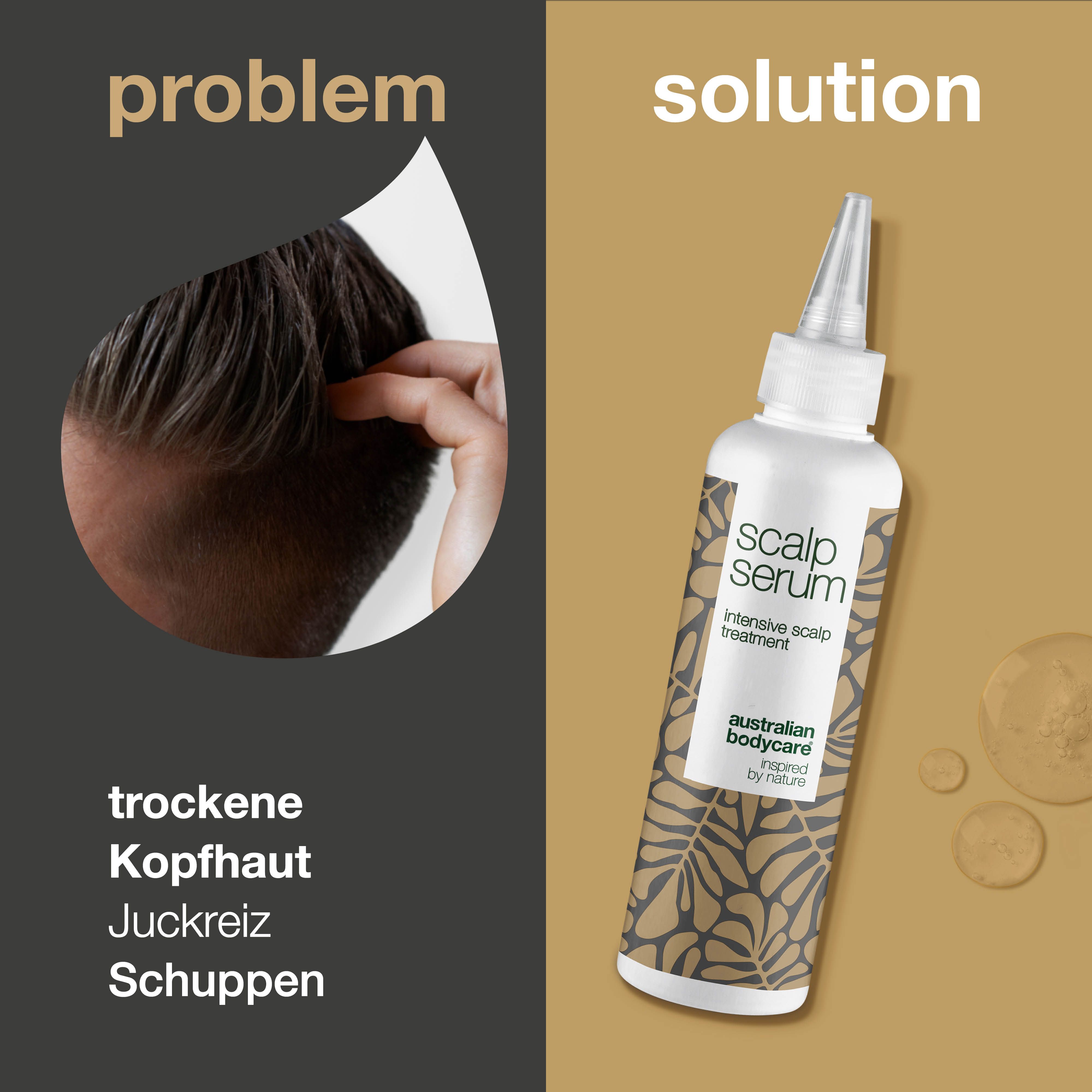Problem-Lösung-Darstellung. Flasche mit Applikator. Aufschrift: Scalp Serum. Logo: Australian Bodycare.