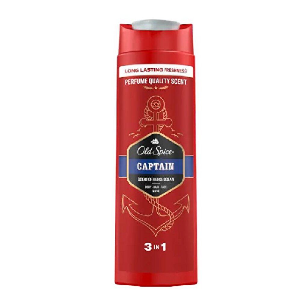 Rote Flasche "Old Spice Captain" 3-in-1. Duschgel, Shampoo und Gesichtswäsche für Männer.