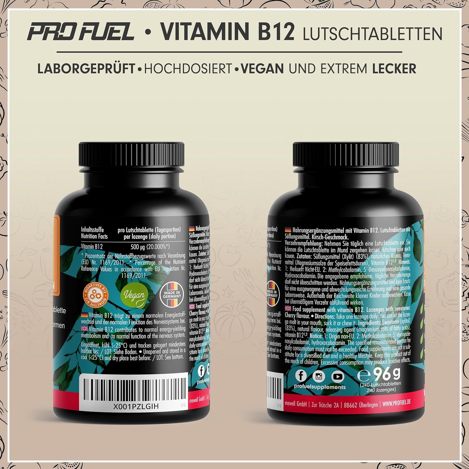 Zwei Seiten einer Flasche Vitamin B12 Lutschtabletten. Etiketten mit Produktinformationen, Inhaltsstoffen und Herstellerangaben.