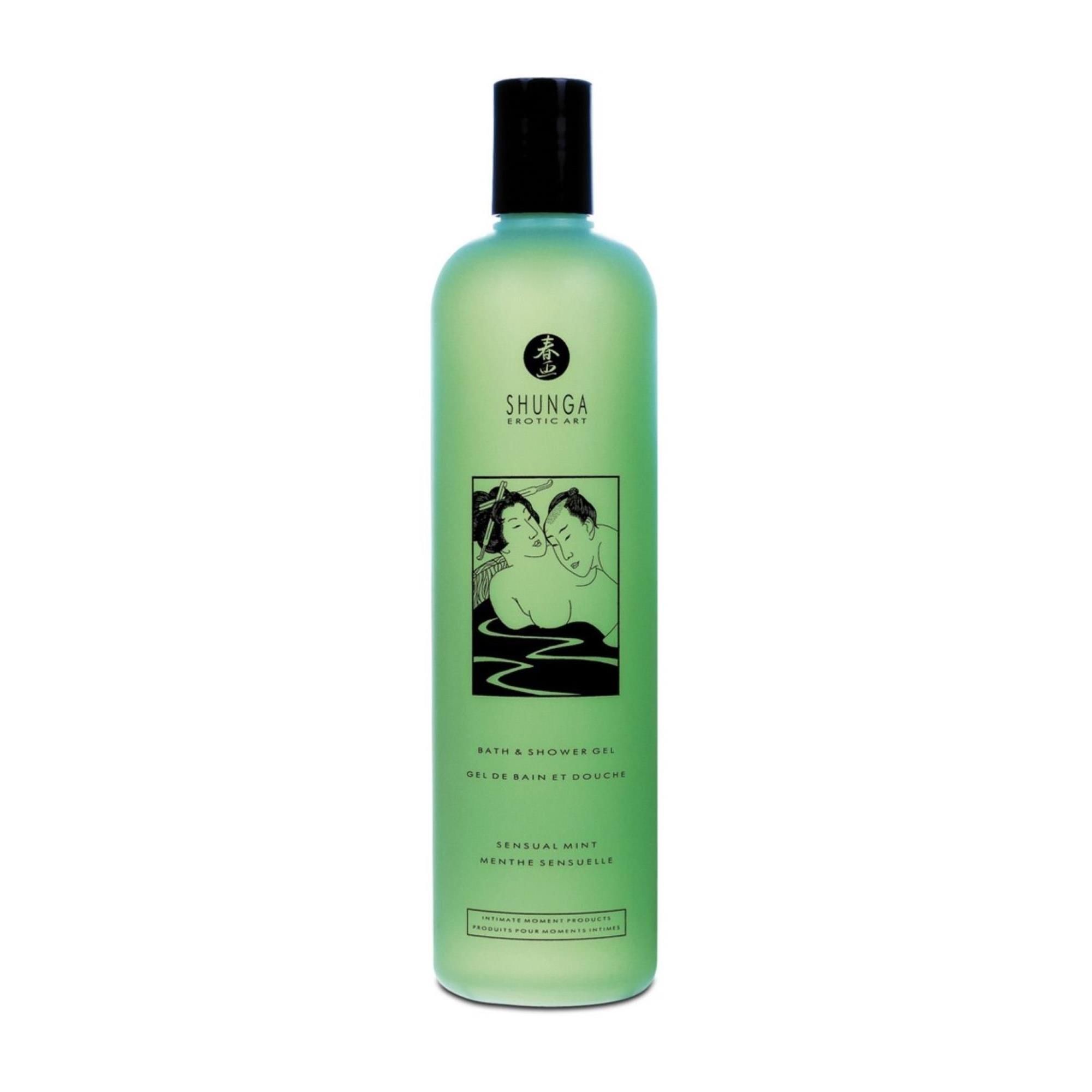 Grüne Flasche mit schwarzem Deckel. Aufdruck: SHUNGA, Abbildung von Personen. Text: Bath & Shower Gel, Sensual Mint.