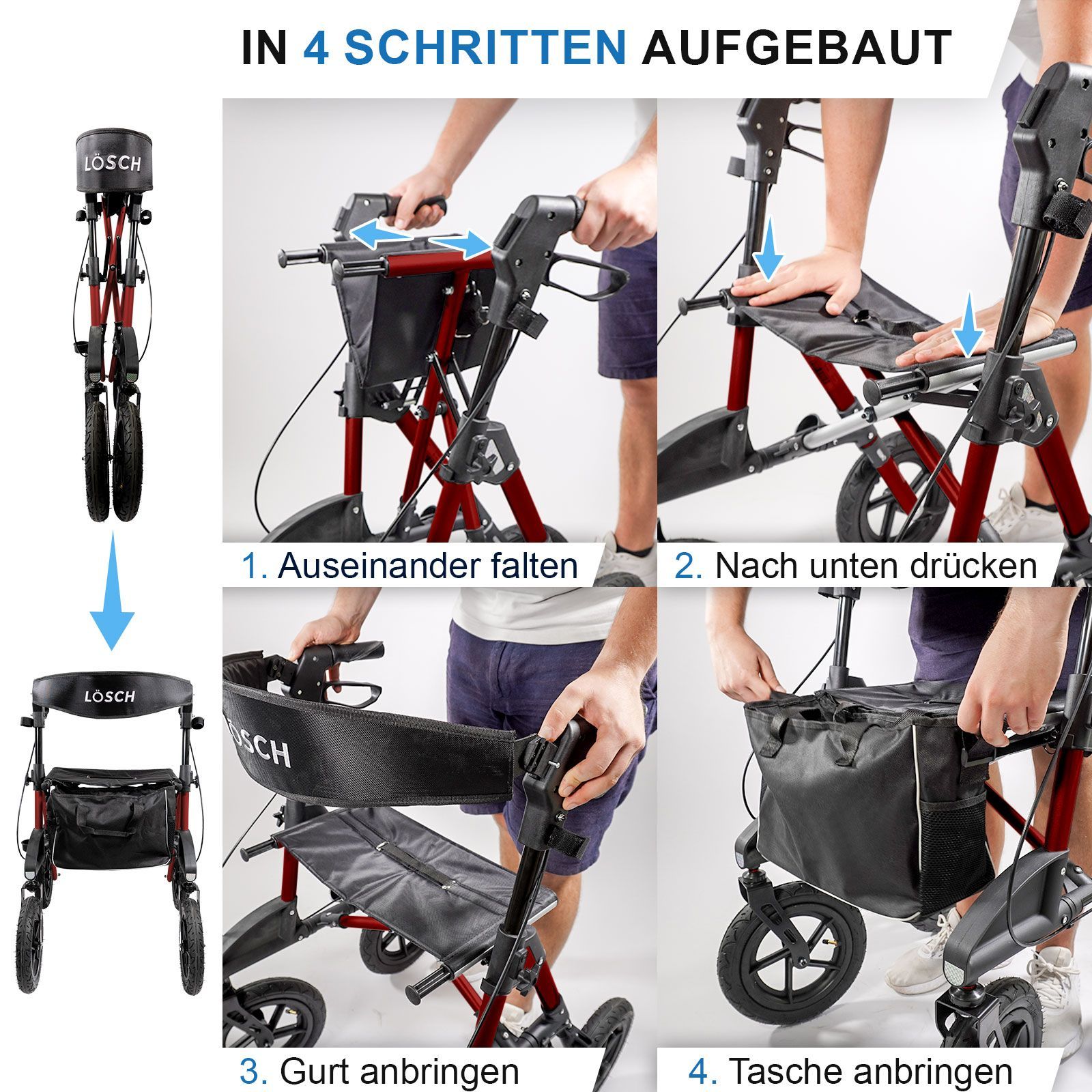 Rollator-Montage in 4 Schritten: Ausfalten, nach unten drücken, Gurt anbringen, Tasche anbringen. Marke: Lösch.