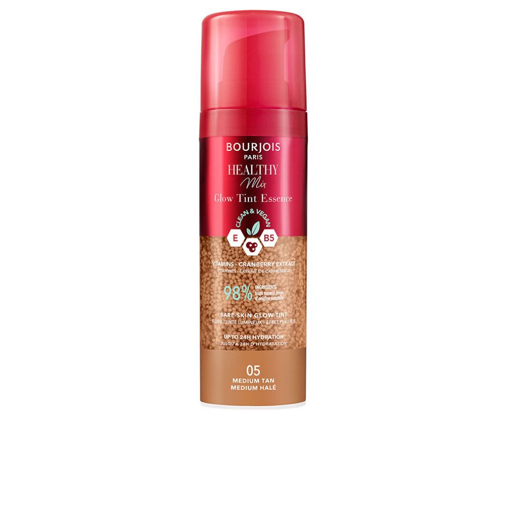 Bourjois Paris Healthy Mix Glow Tint Essence. Rote und braune Flasche. 05 Medium Tan. 98% Inhaltsstoffe natürlichen Ursprungs.