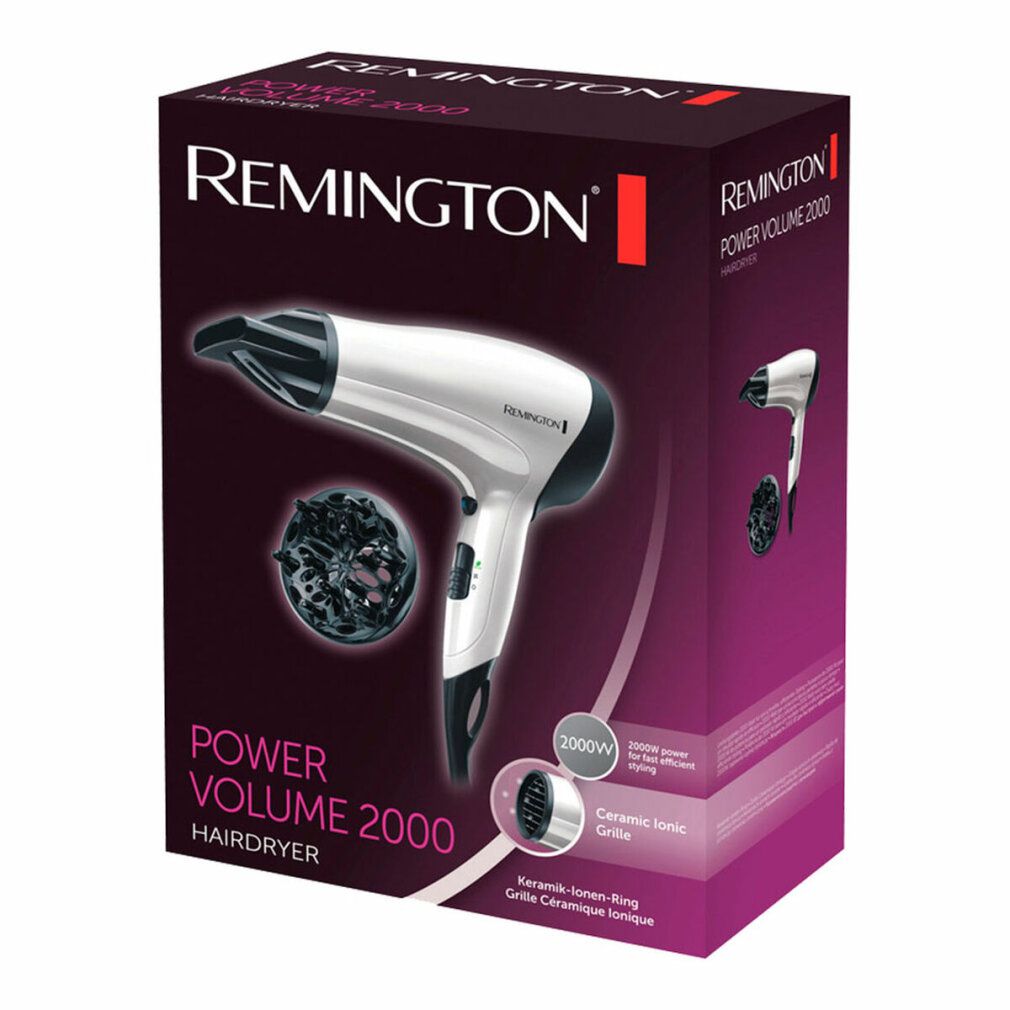 Verpackung des Remington Power Volume 2000 Haartrockners. Schwarzer Haartrockner mit Diffusor. Produktname und Marke.