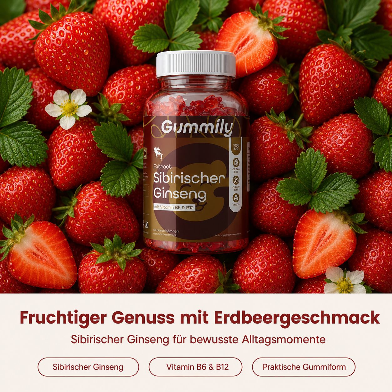 Gummily Sibirischer Ginseng Flasche umgeben von frischen Erdbeeren, Erdbeergeschmack.