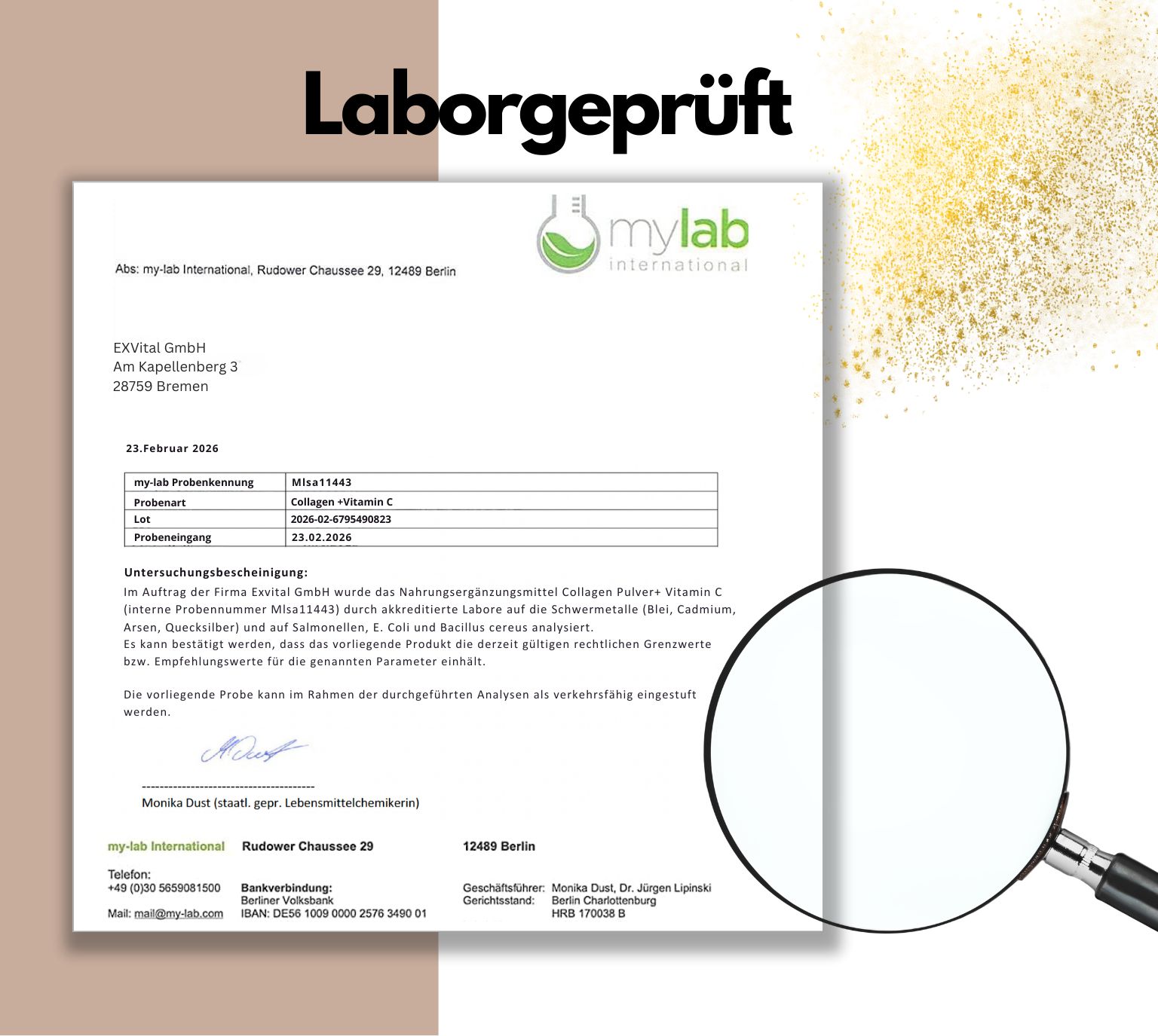 Laborbericht für EXVital Kollagen Pulver mit Vitamin C. Lupe zeigt Details des Prüfberichts.