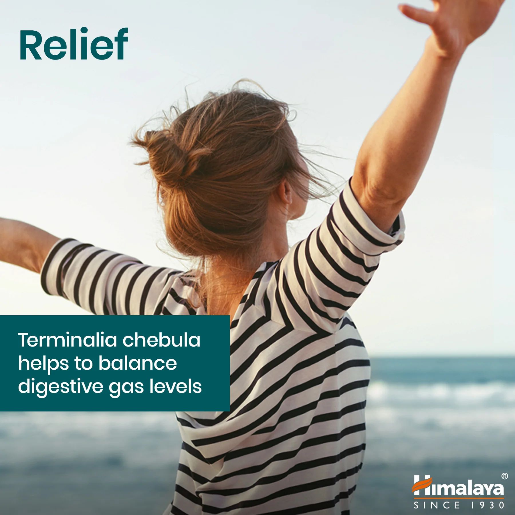 Frau mit erhobenen Armen am Strand. Text: Terminalia chebula hilft, das Gasgleichgewicht zu regulieren.