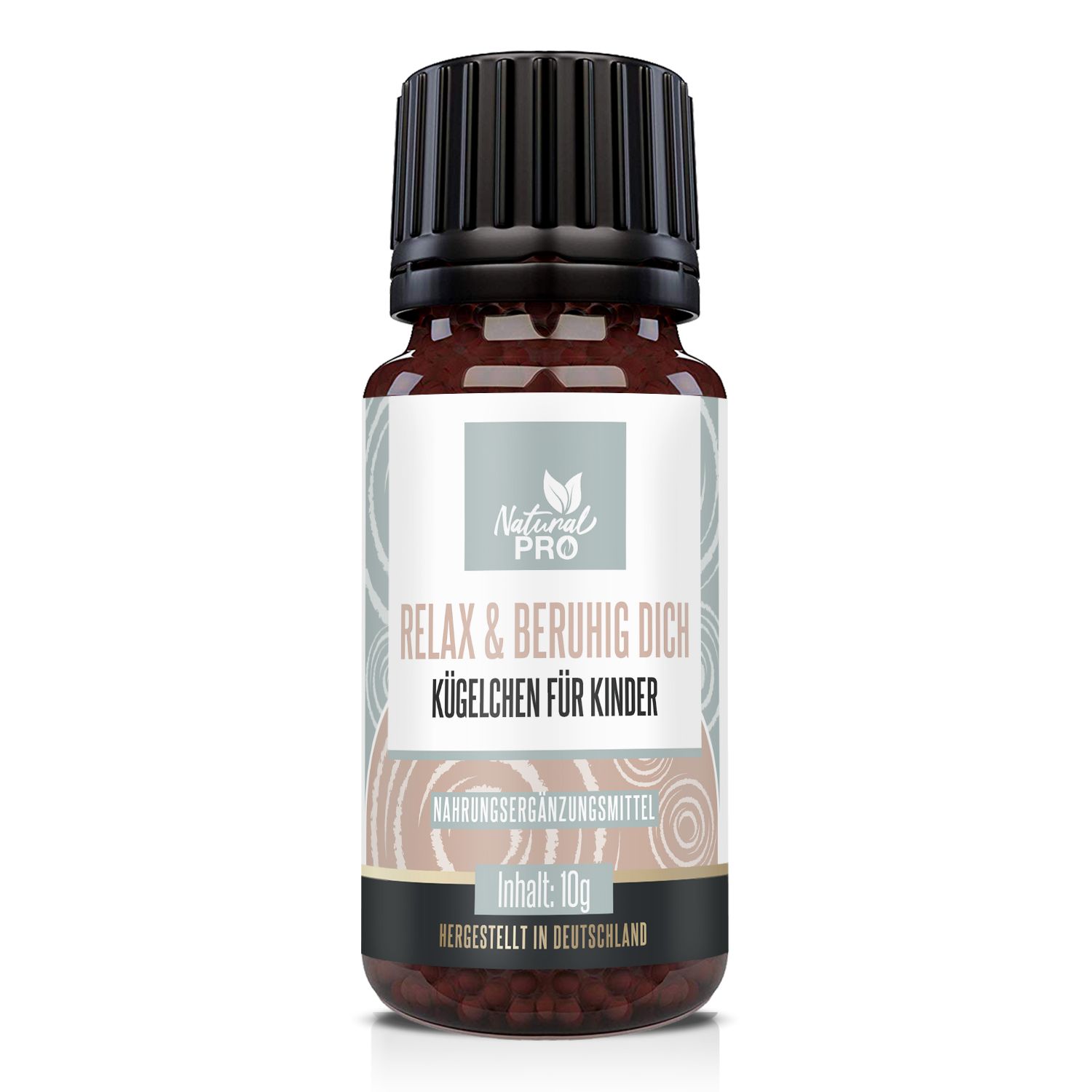 Braune Glasflasche mit schwarzem Deckel. Etikett mit "Natural Pro", "Relax & Beruhig Dich Kügelchen für Kinder", "Nahrungsergänzungsmittel" und "Inhalt: 10g".