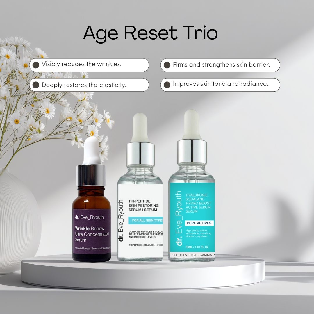 Drei Flakons Dr. Eve_Ryouth Seren. Braunes, klares und blaues Etikett. Weiße Pipetten. Aufschrift: Age Reset Trio.