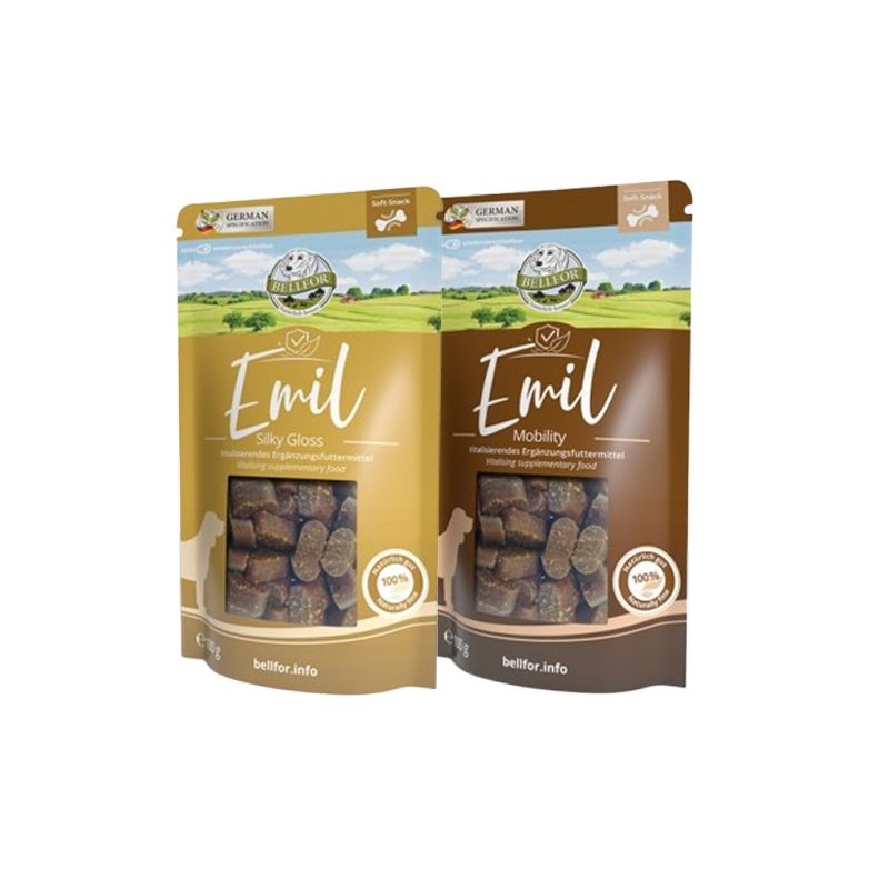 Zwei Beutel Bellfor Emil Soft-Snacks. Ein goldener Beutel mit der Aufschrift "Silky Gloss", ein brauner Beutel mit "Mobility".