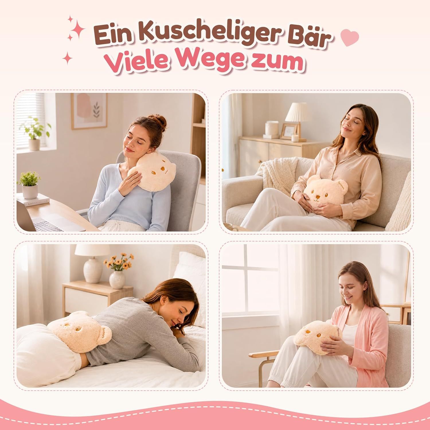 Vier Szenen einer Frau, die ein kuscheliges Teddybär-Kissen für Nacken, Schultern und Rücken verwendet.