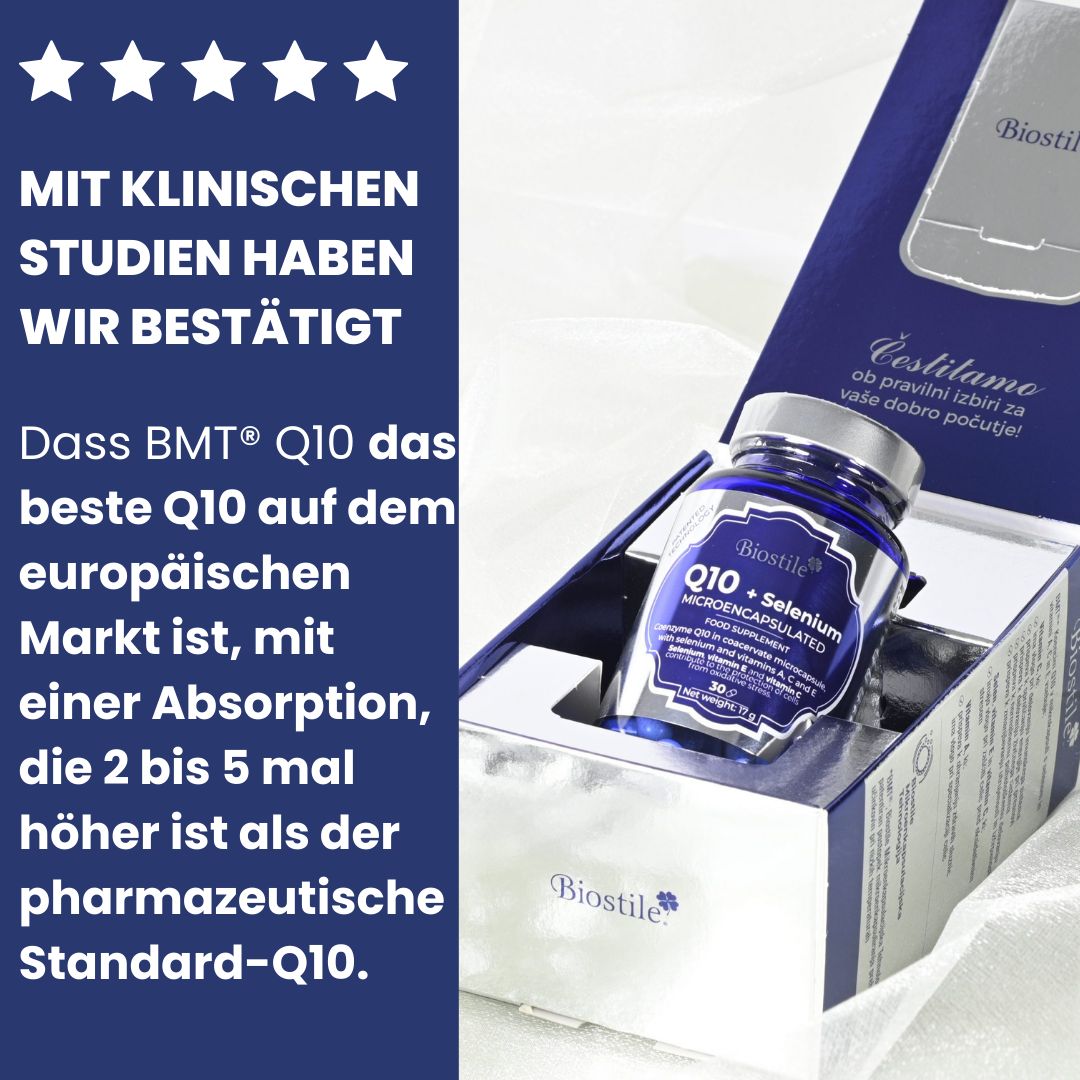 Geöffnete Verpackung mit Flasche Biostile BMT Q10 + Selen.