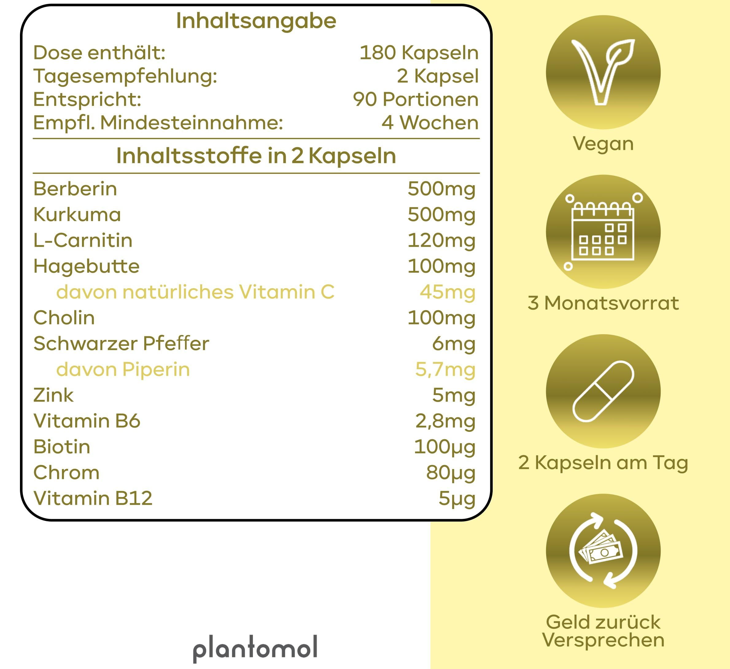 Nährwerttabelle mit Inhaltsstoffen pro 2 Kapseln: Berberin, Kurkuma, L-Carnitin, Hagebutte, Cholin, Schwarzer Pfeffer, Zink, Vitamine. Vegan.