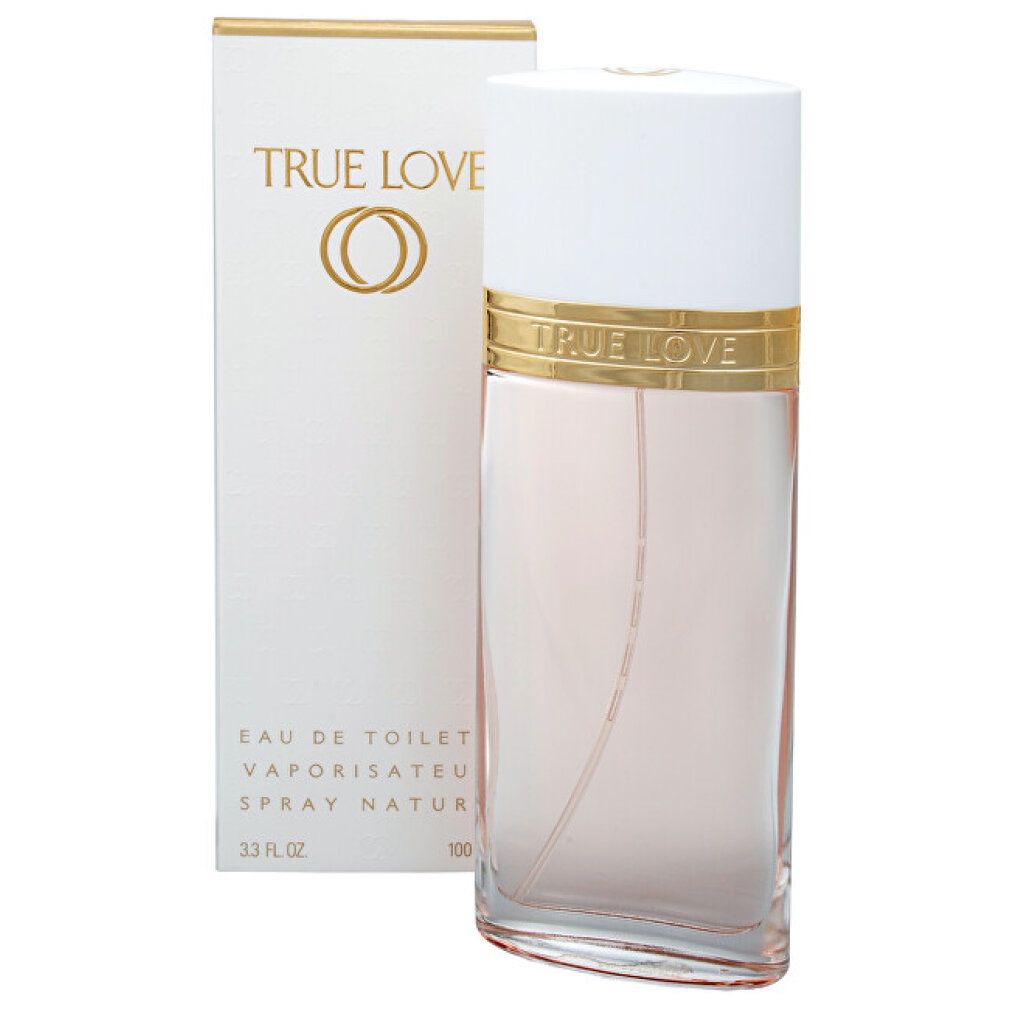 Elizabeth Arden True Love Eau de Toilette Spray, rechteckige Glasflasche mit weißem Verschluss und goldenem Band.