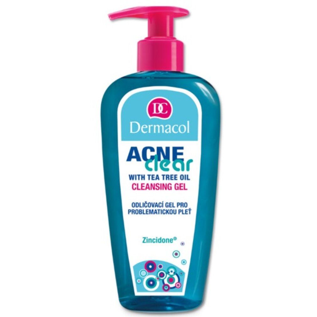 Blau-transparente Flasche mit rosa Pumpe. Aufkleber mit Logo und Schriftzug 'ACNE clear'. Enthält Teebaumöl. 'Reinigungsgel'.