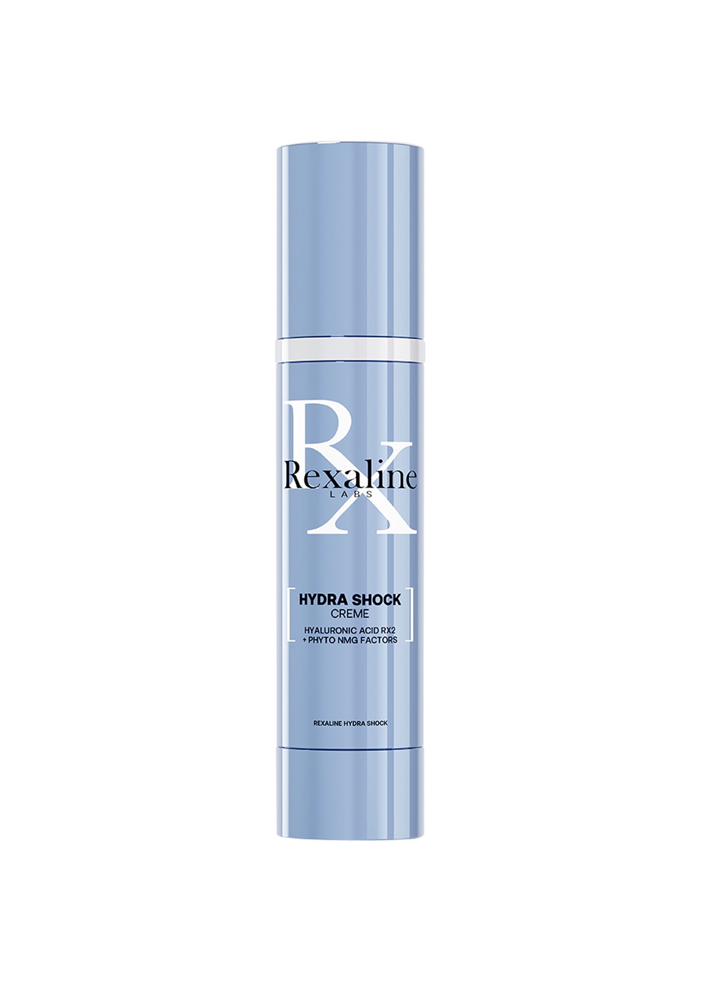 Hellblaue Creme-Flasche mit weißem Schriftzug. Aufschrift: Rexaline, Hydra Shock Creme, Hyaluronsäure, Phyto NMF Factors.