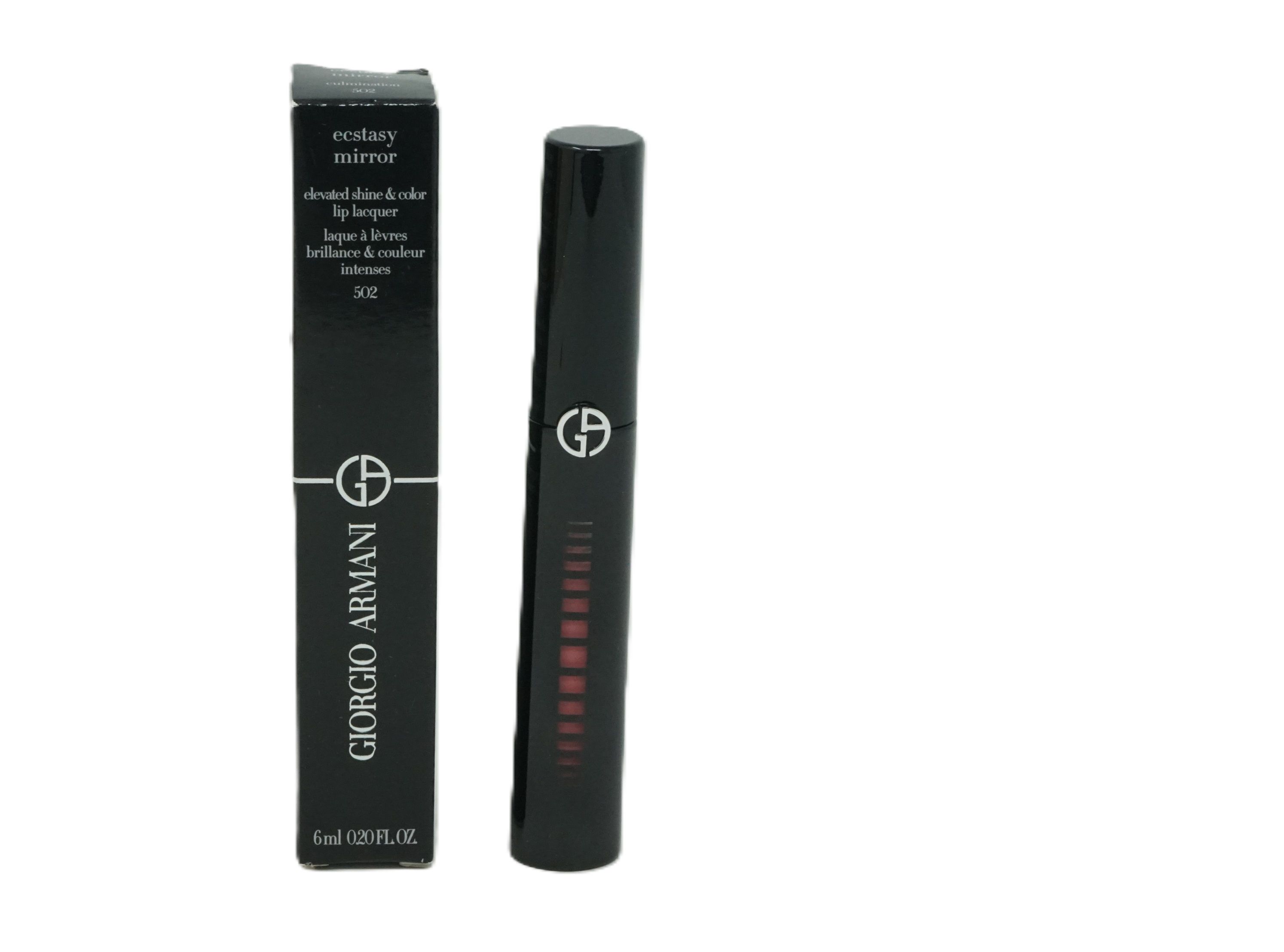 Schwarzer Lipgloss-Behälter und Verpackung. Giorgio Armani, Ecstasy Mirror, 502. 6ml.