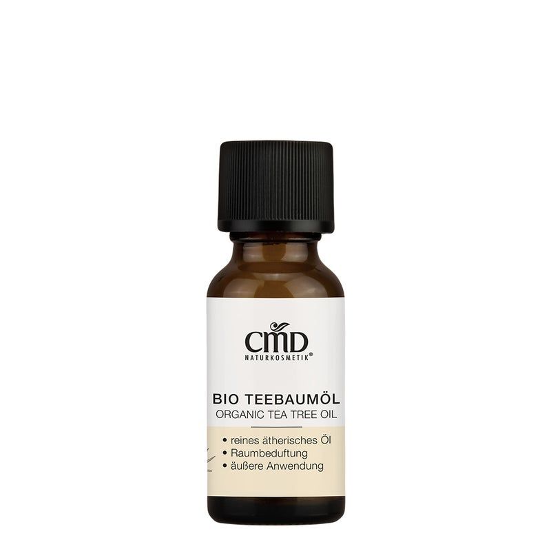 Braune Glasflasche mit schwarzem Deckel. Etikett mit CMD-Logo und Text: BIO TEEBAUMÖL, Organic Tea Tree Oil.