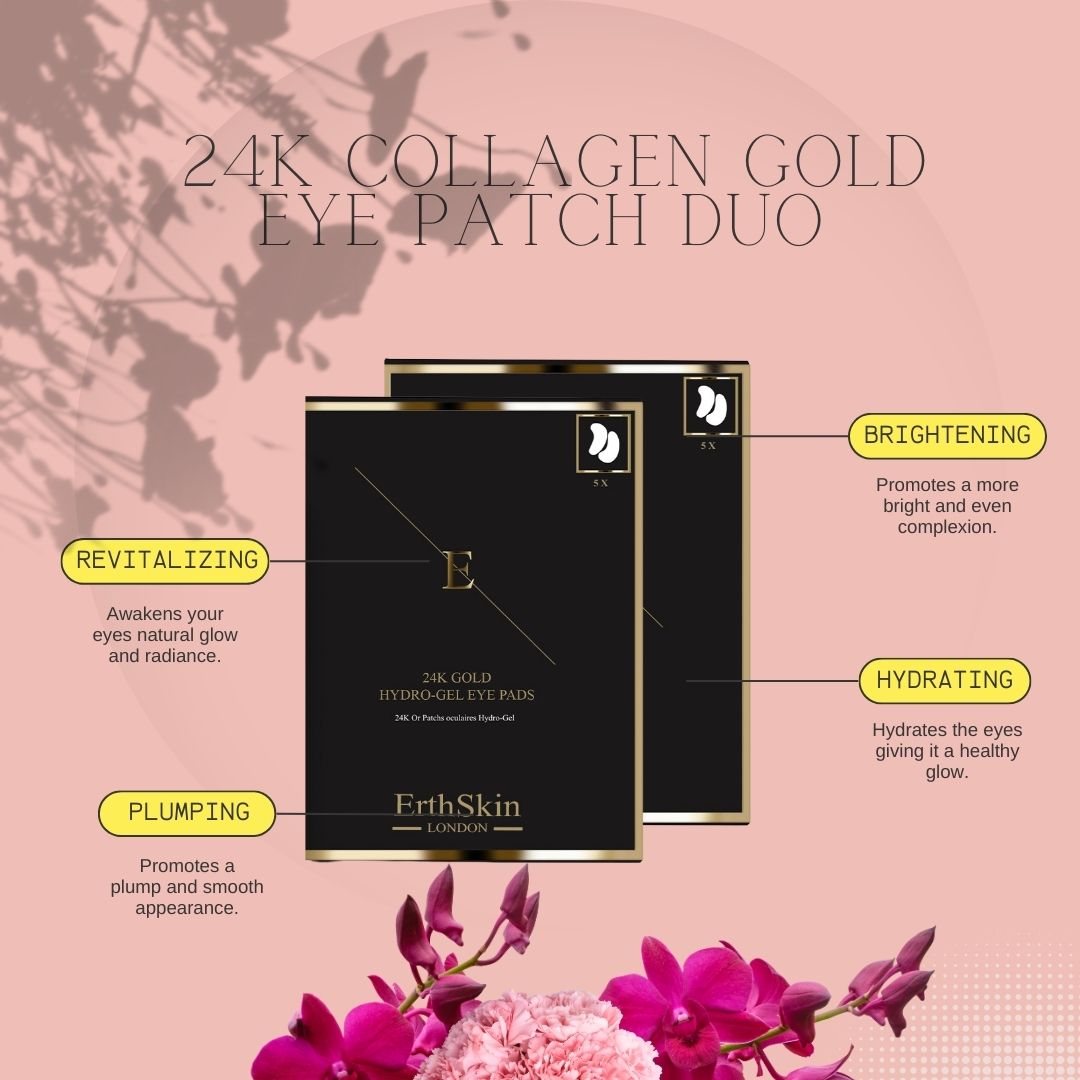 Zwei schwarze Schachteln mit goldfarbenen Akzenten und Text. ErthSkin London Logo. Text: 24K Collagen Gold Eye Patch Duo.