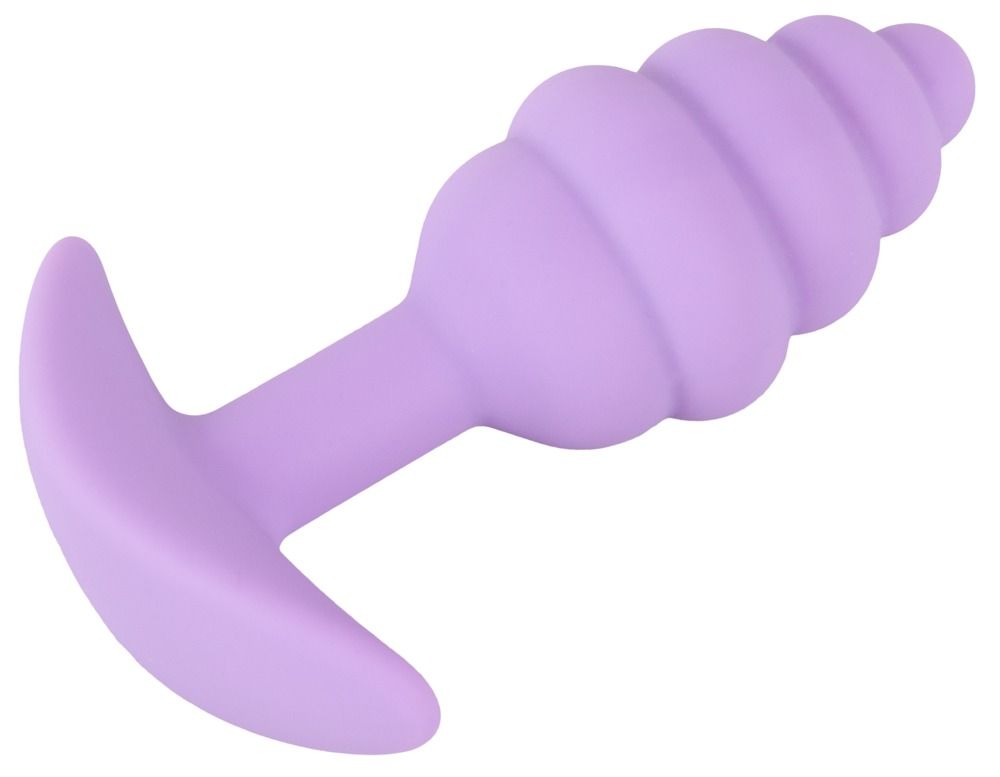Lila Analplug mit geriffelter Spitze und T-förmigem Griff. Schräge Ansicht.
