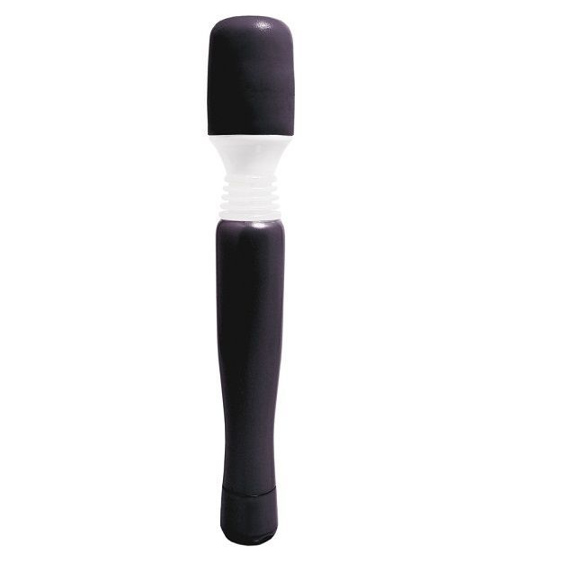 Schwarzer Mini-Vibrator. Zylindrischer Kopf, weißer Mittelteil mit Rillen, länglicher Griff. Aus Kunststoff.