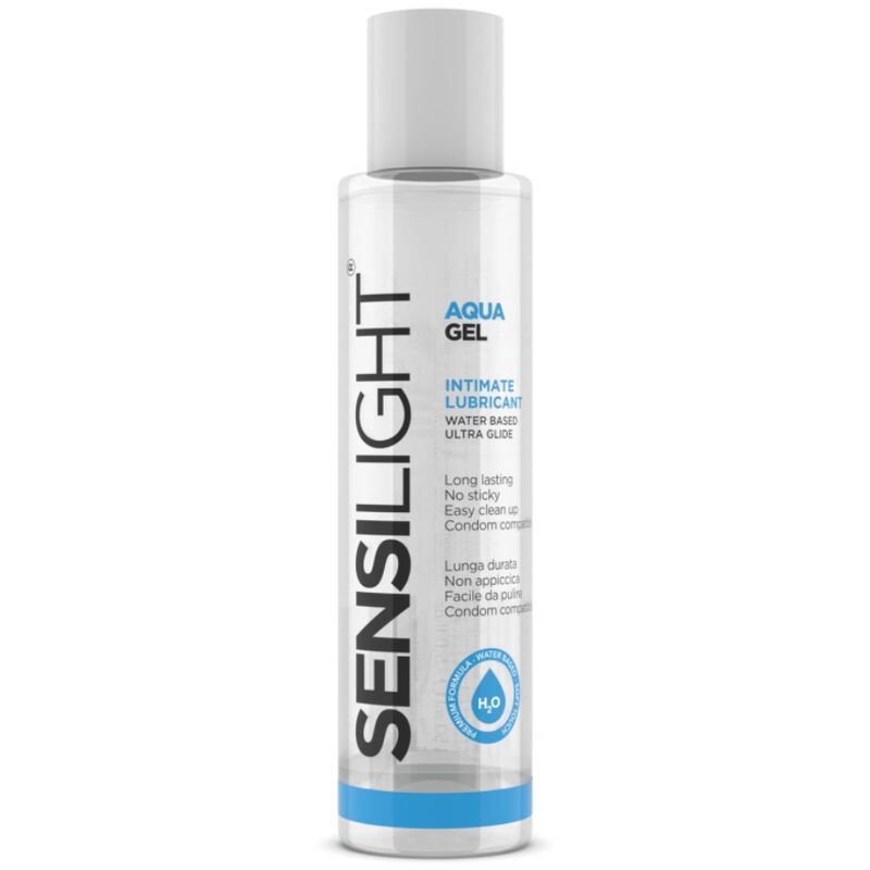 Zylindrische Flasche mit weißem Deckel. Aufschrift SENSILIGHT, AQUA GEL, Intimate Lubricant. Wasserbasiert.