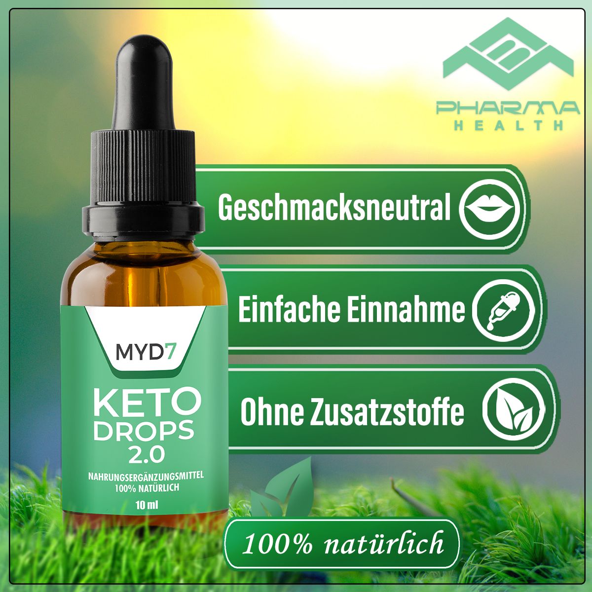Braune Flasche mit Tropfer. Etikett mit "MYD7", "KETO DROPS 2.0". Text: "Geschmacksneutral", "Einfache Einnahme", "Ohne Zusatzstoffe".