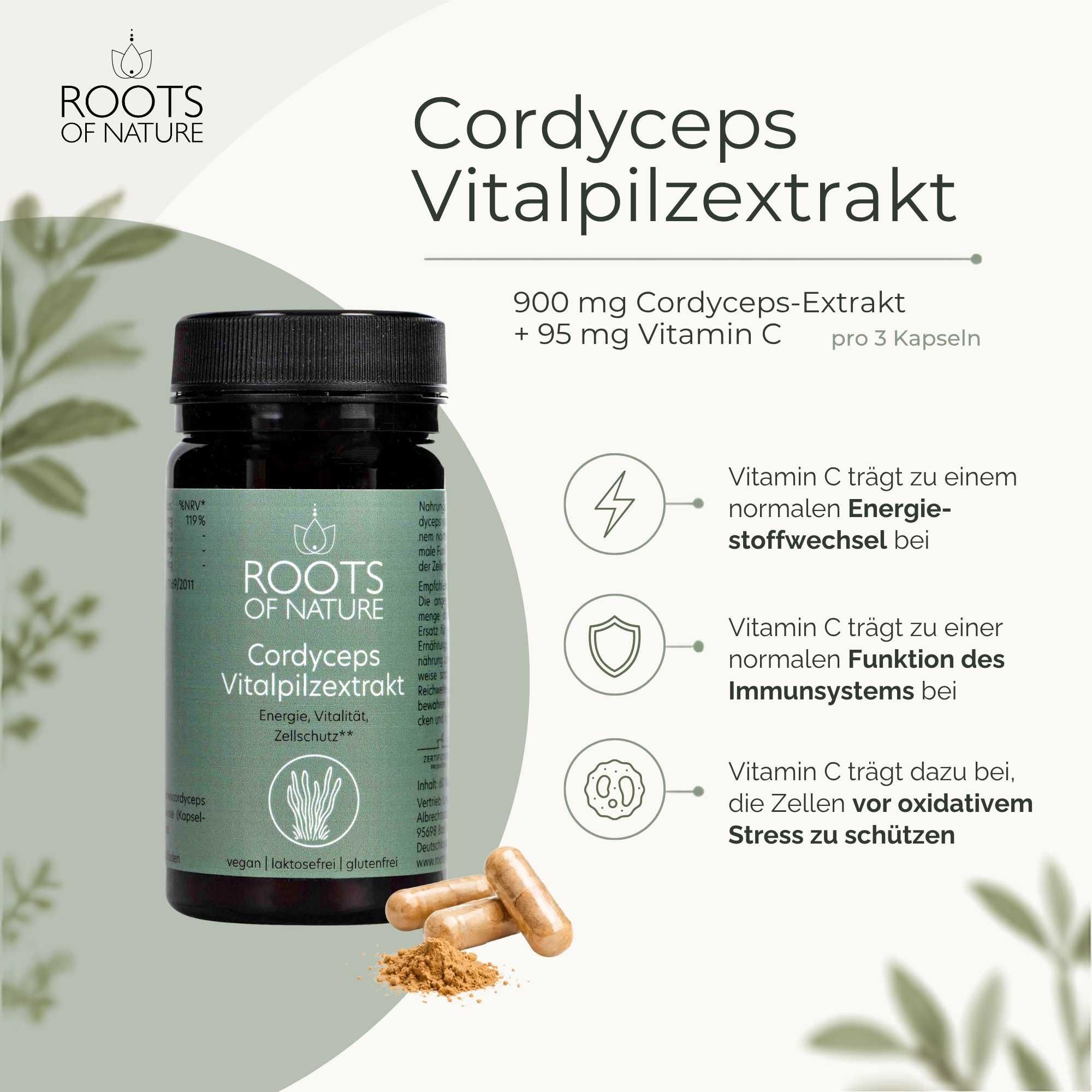 Flasche Cordyceps Vitalpilzextrakt neben Kapseln, mit Grafiken zu Vitamin C und Energie.