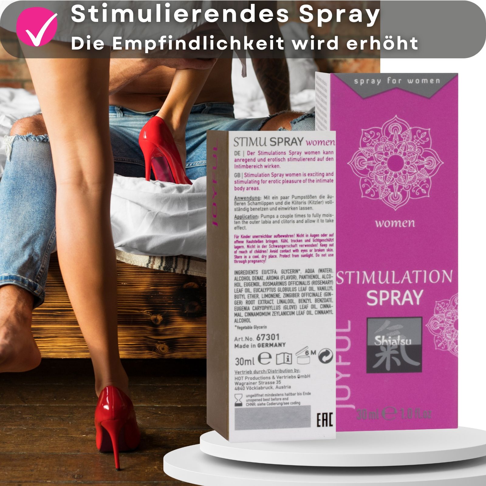 Verpackung und Flasche. Text: Stimulation Spray, Shiatsu. Paar im Hintergrund. Rote Schuhe.
