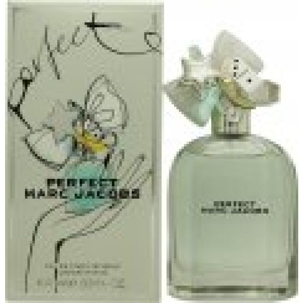 Flakon und Verpackung von Marc Jacobs Perfect. Hellgrüne Flüssigkeit, Stern- und Schleifen-Dekoration, Schriftzug.