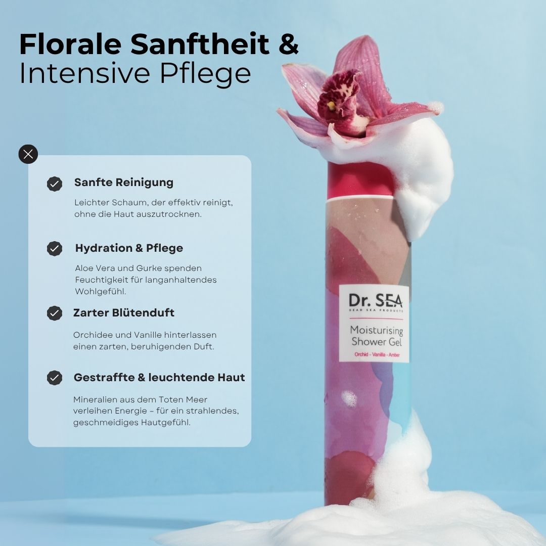 Duschgel-Flasche mit Schaum und Orchidee. Text: Dr. SEA, Moisturising Shower Gel. Vorteile: sanfte Reinigung, Hydratation, zarter Duft.