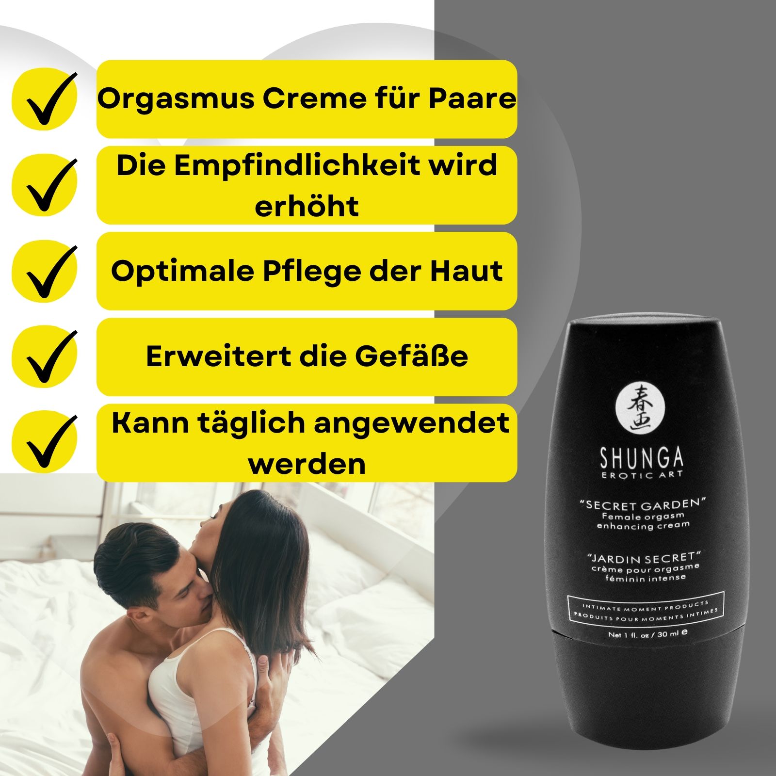 Produktflasche und Text. Text in Deutsch. Produktname: Shunga. Paar im Hintergrund. Checkmark-Symbole.